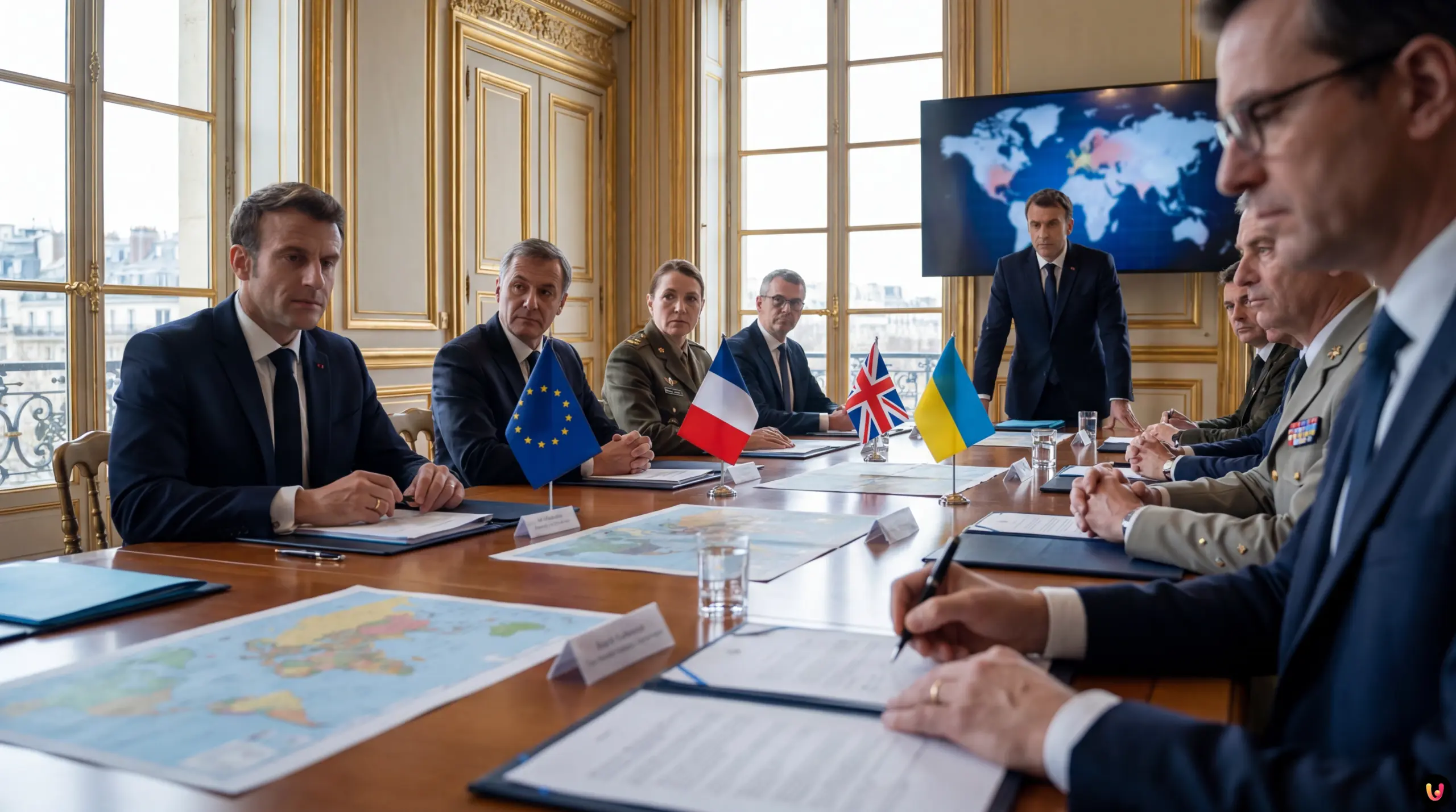 Militari europei in missione di pace e bandiere di Francia e Regno Unito