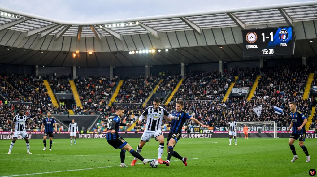 Azione di gioco tra Udinese e Pisa al Bluenergy Stadium durante la sfida di Serie A.
