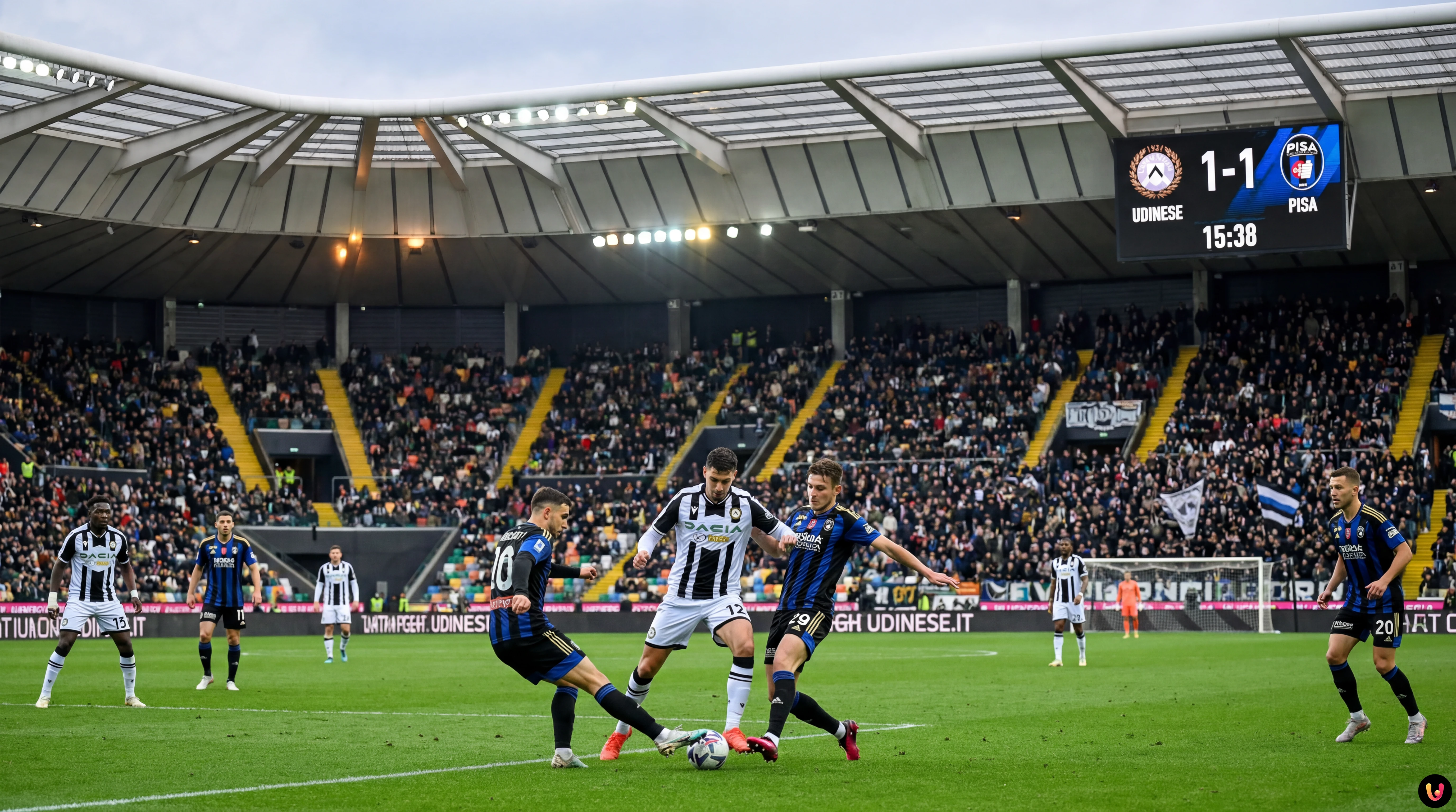Azione di gioco tra Udinese e Pisa al Bluenergy Stadium durante la sfida di Serie A.