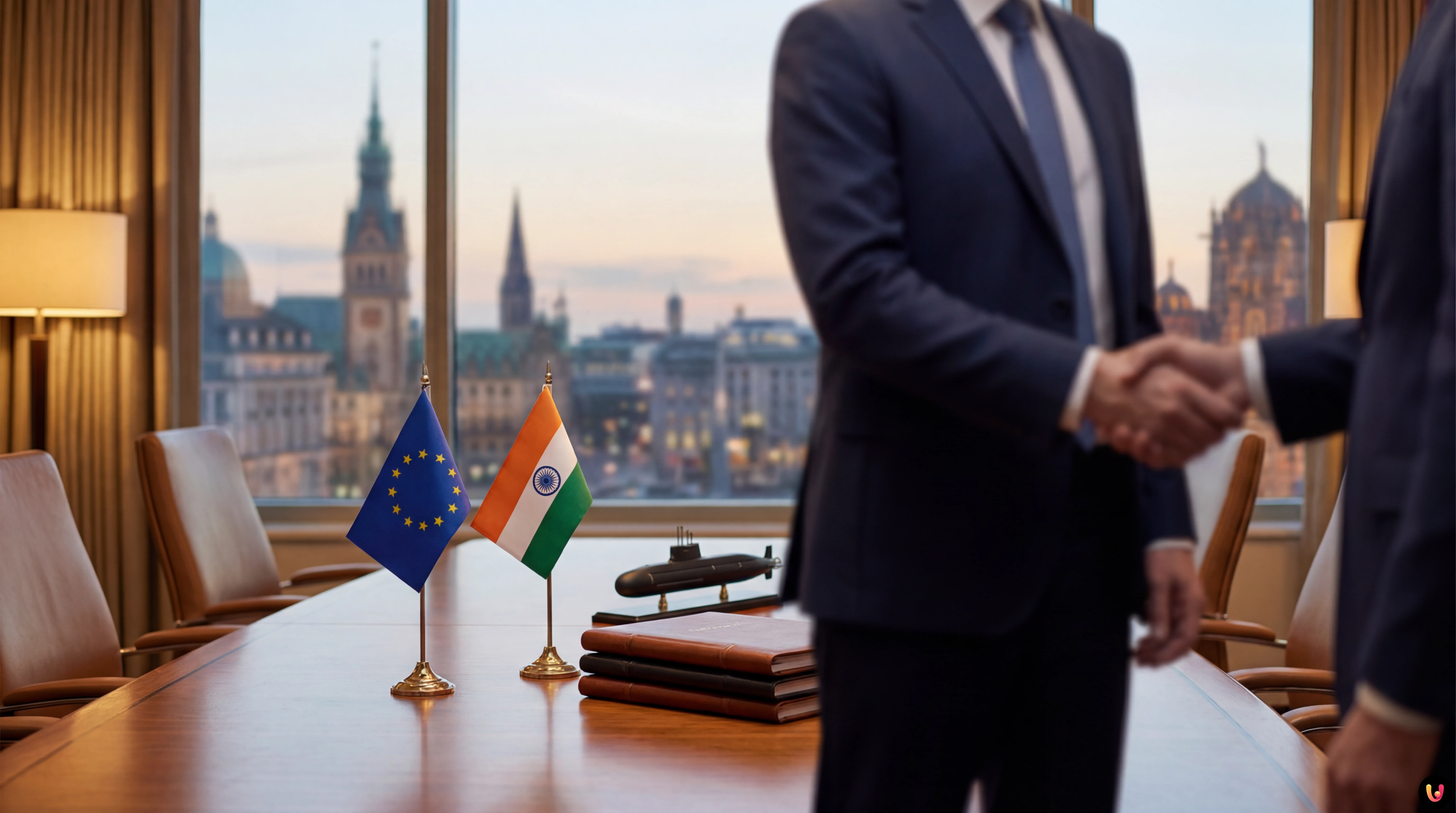 Drapeaux de l'UE et de l'Inde lors de la visite diplomatique de Friedrich Merz