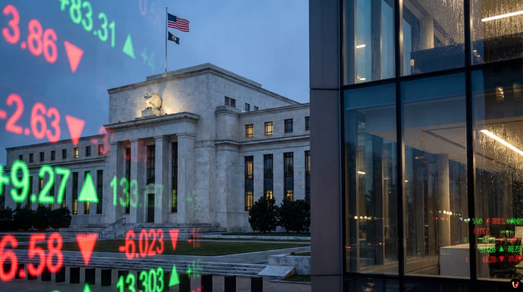 Primo piano di Donald Trump e Jerome Powell su sfondo grafico economia USA