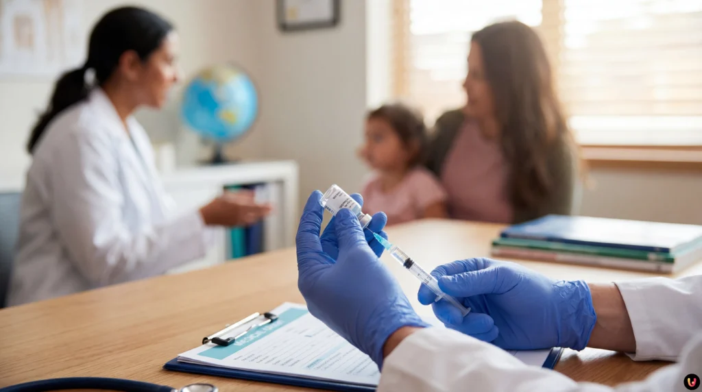 Pediatra somministra un vaccino a un bambino in uno studio medico