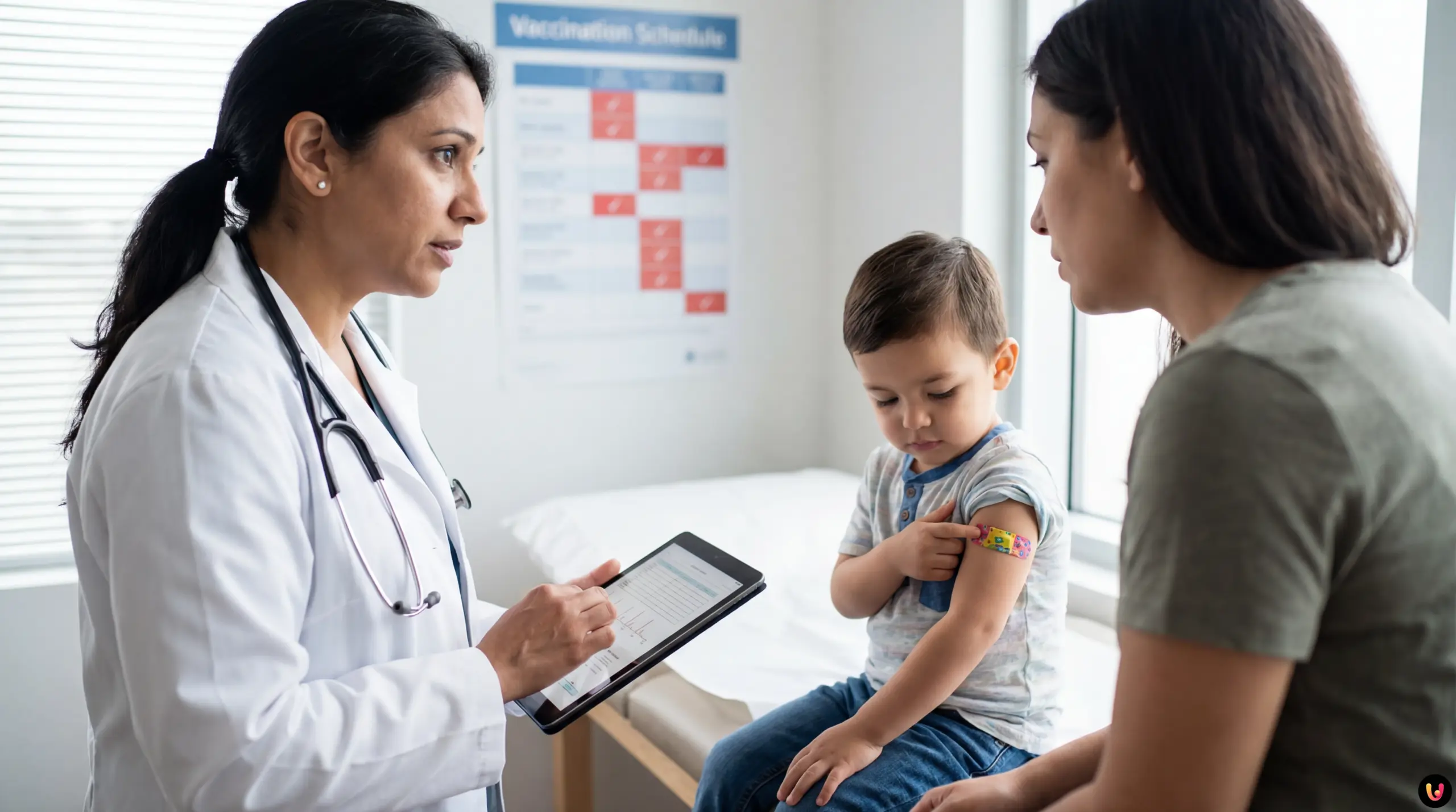 Pediatra somministra un vaccino a un bambino in un ambulatorio medico