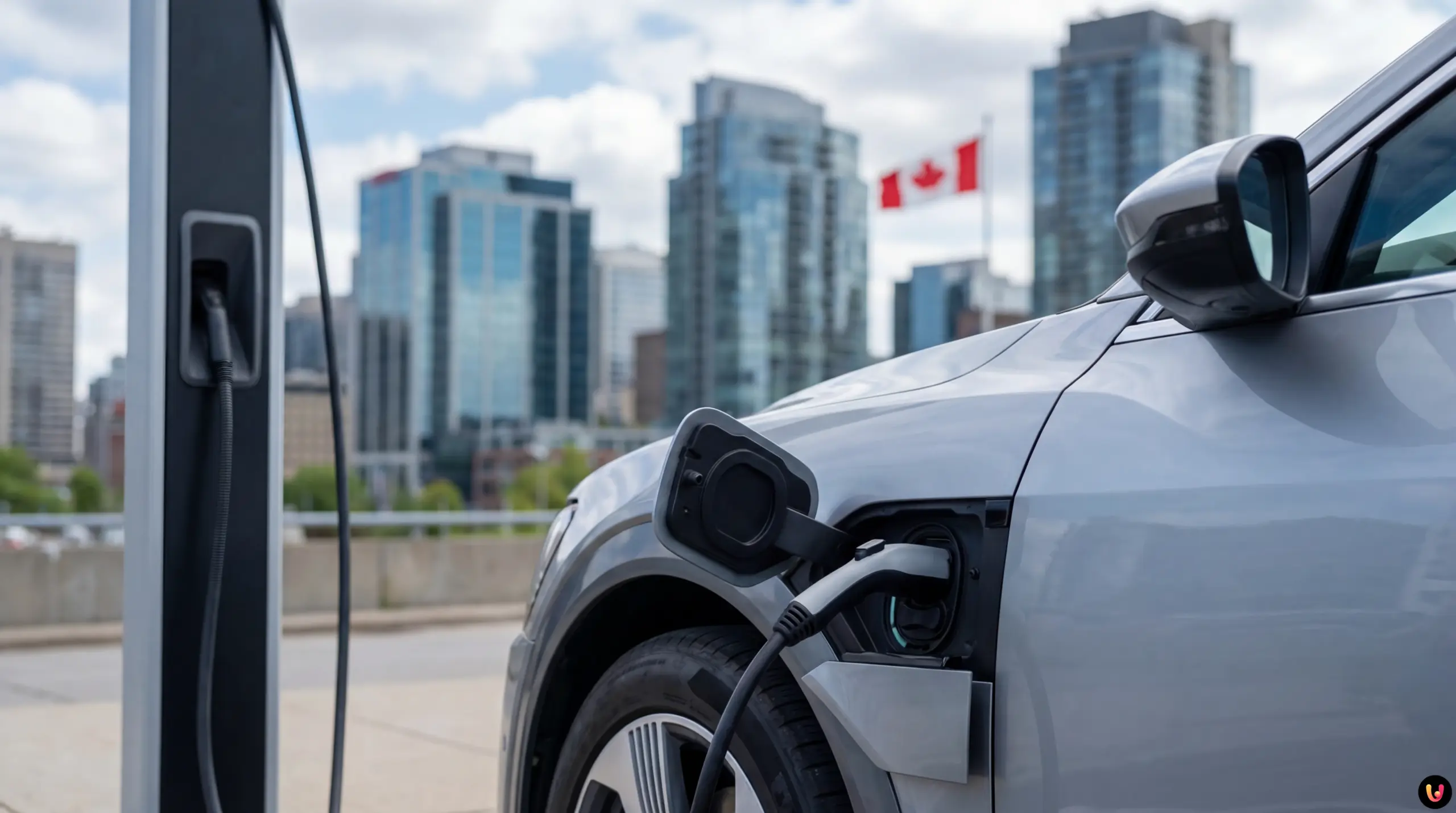 V&eacute;hicules &eacute;lectriques chinois modernes align&eacute;s sous un drapeau canadien