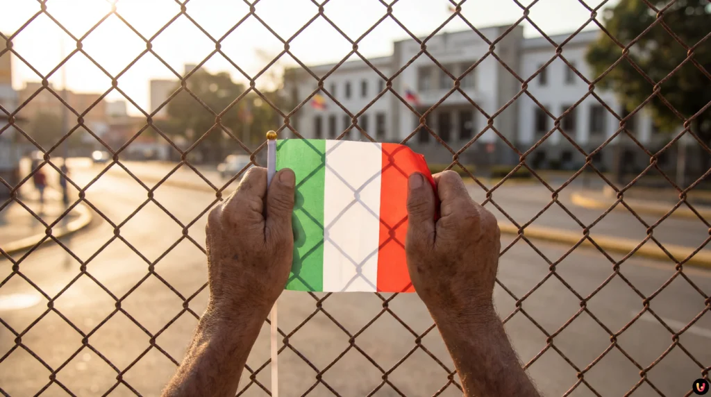 Bandiera del Venezuela vista attraverso delle sbarre, simbolo dei detenuti politici.