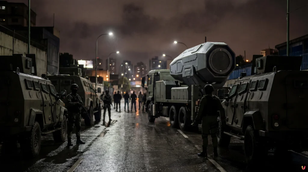 Illustrazione raid Delta Force USA a Caracas per cattura Maduro e armi tecnologiche