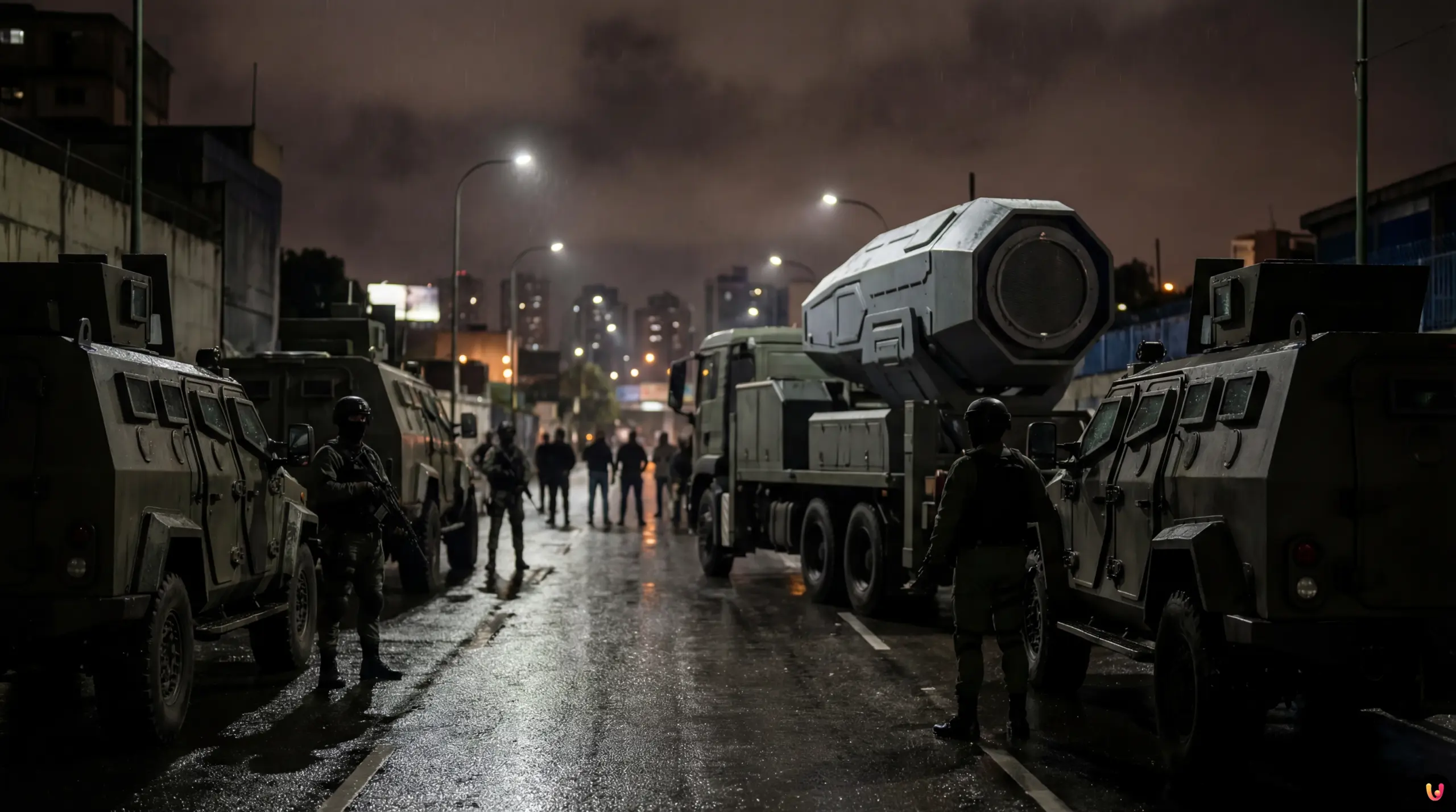 Illustrazione raid Delta Force USA a Caracas per cattura Maduro e armi tecnologiche