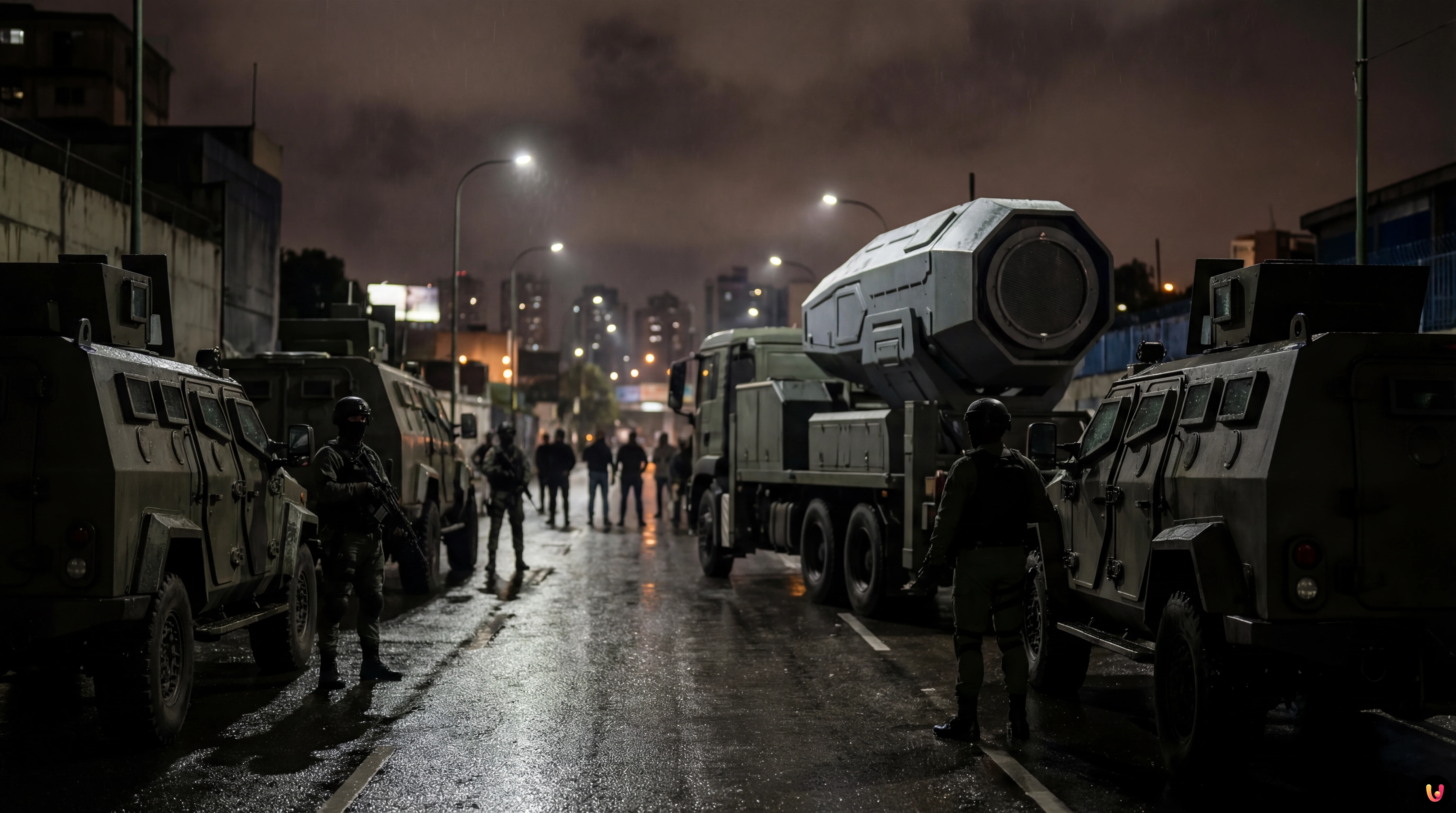 Illustrazione raid Delta Force USA a Caracas per cattura Maduro e armi tecnologiche