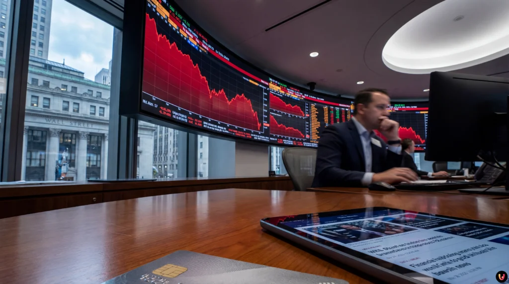 Façade de JPMorgan Chase et graphique boursier en chute libre à Wall Street