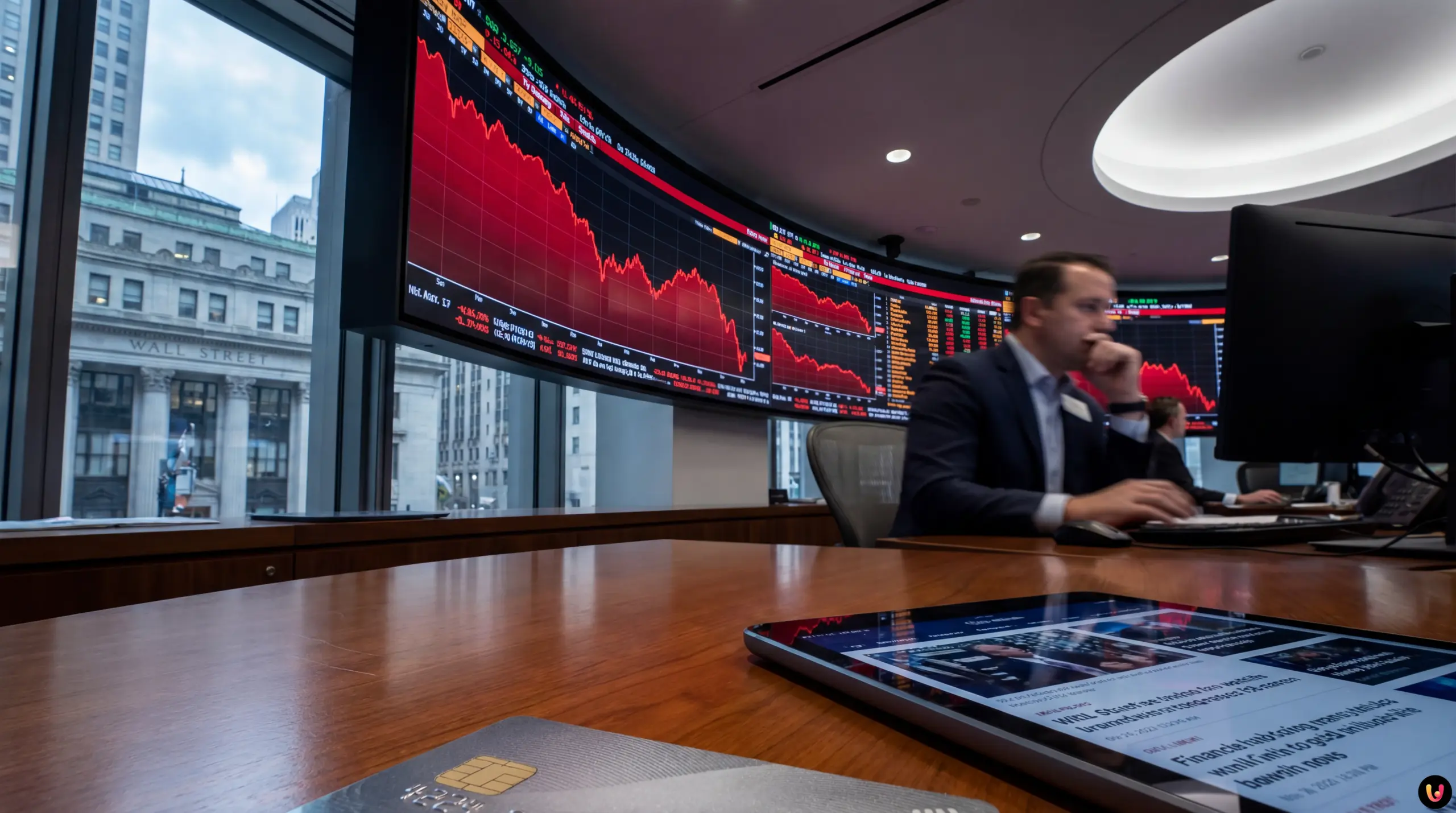 Fa&ccedil;ade de JPMorgan Chase et graphique boursier en chute libre &agrave; Wall Street