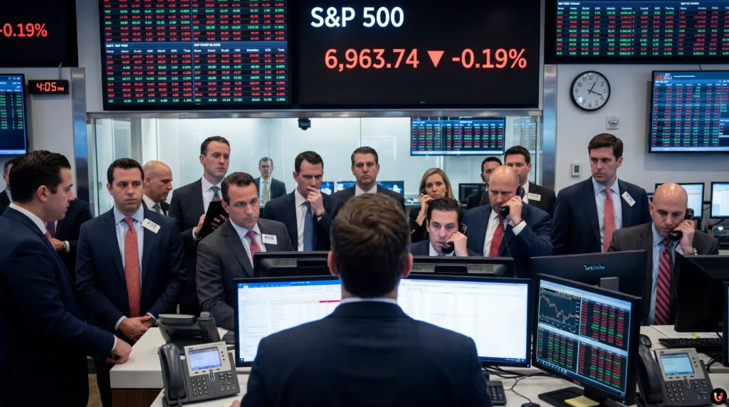 Graphique boursier de Wall Street en baisse et traders inquiets devant les écrans