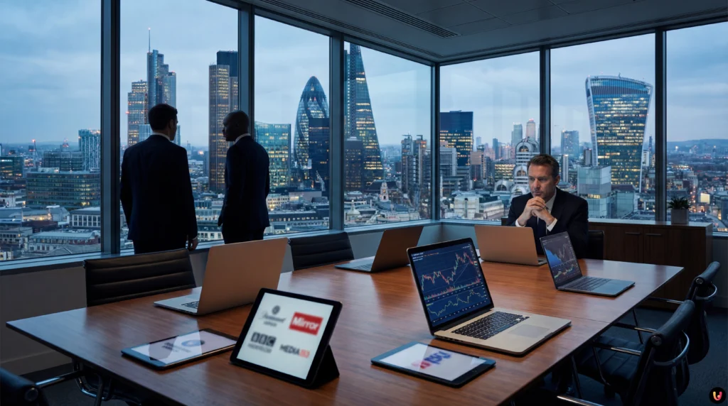 Loghi Warner Bros Discovery e Paramount Skydance a confronto su sfondo finanziario