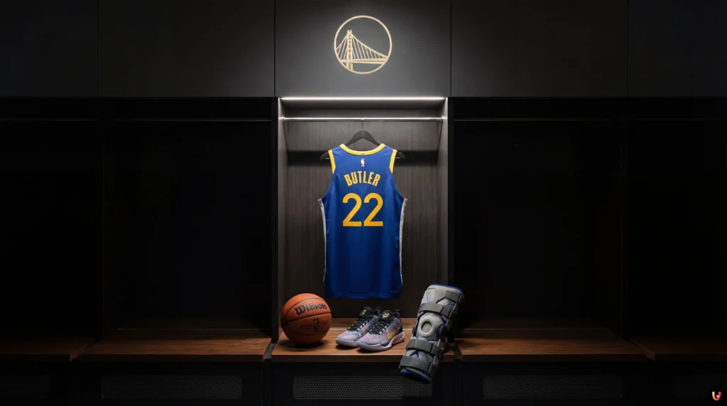 Jimmy Butler in Golden State Warriors jersey on court during NBA game vs Miami Heat