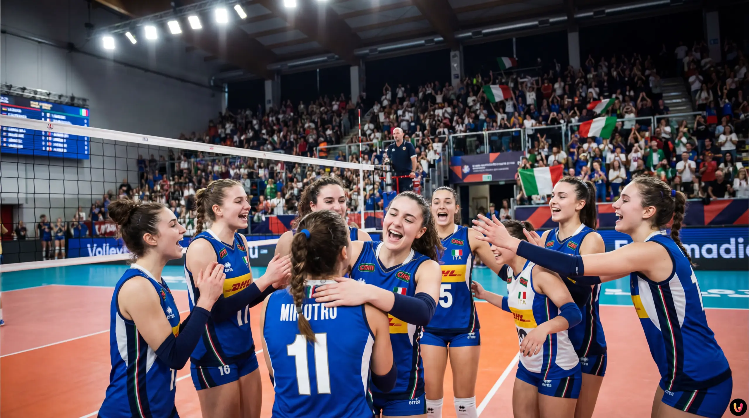Italia U18 Volley batte Francia al WEVZA 2026 Esultanza Italia U18 femminile volley contro la Francia al Pala Preziuso