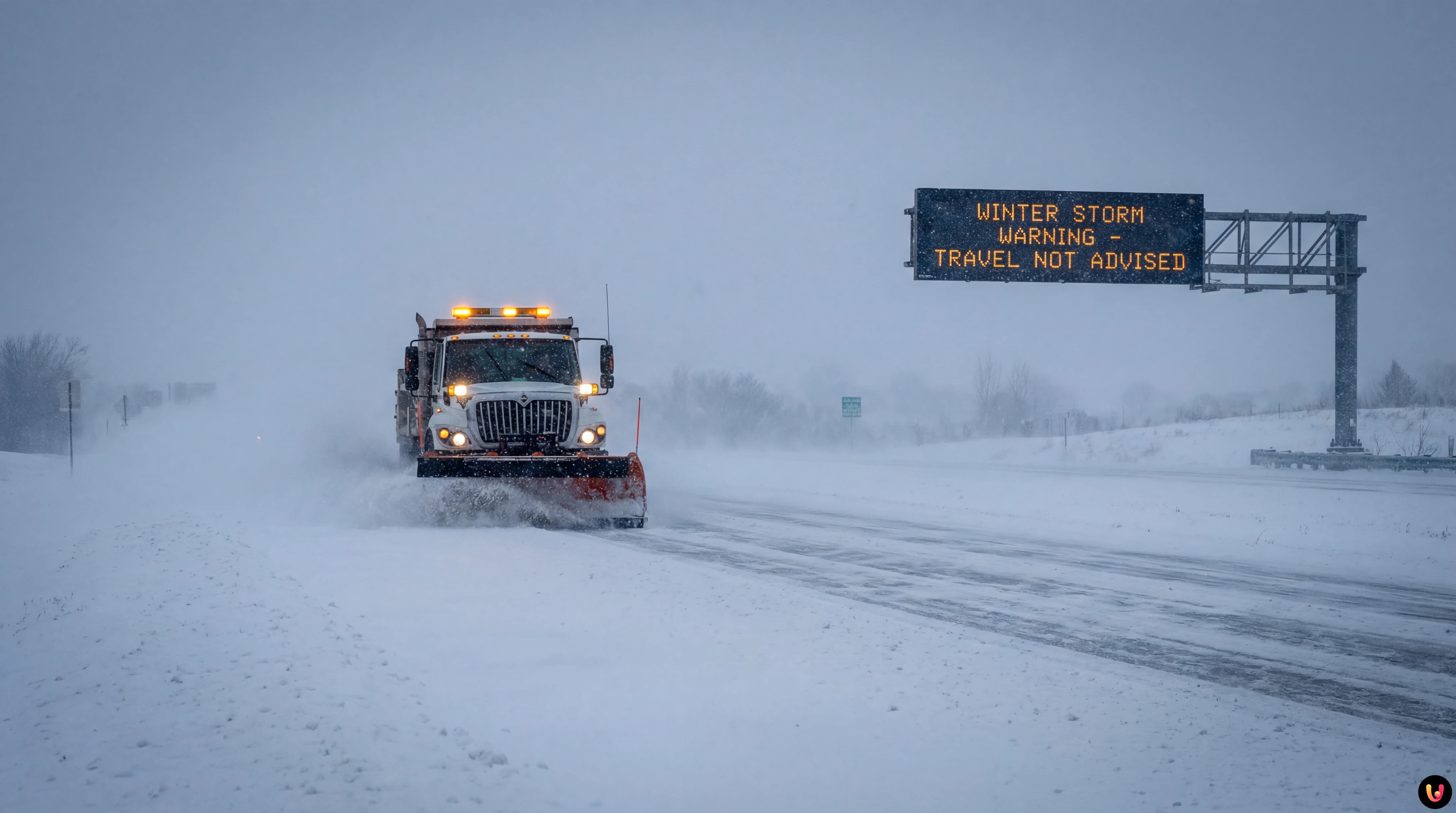 Heavy snowfall and blizzard conditions covering a Michigan road during a severe winter storm