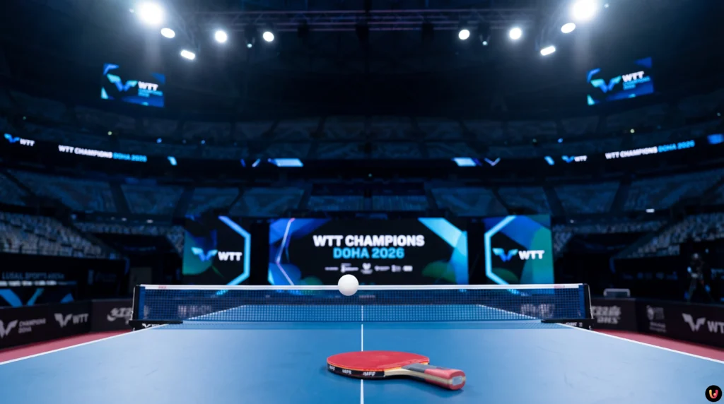 Félix Lebrun in azione durante la vittoria contro Dang Qiu al WTT Champions Doha 2026