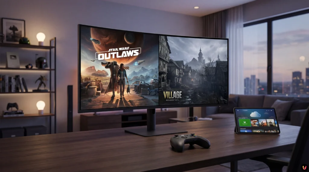 Copertine di Star Wars Outlaws e Resident Evil Village su sfondo Xbox Game Pass