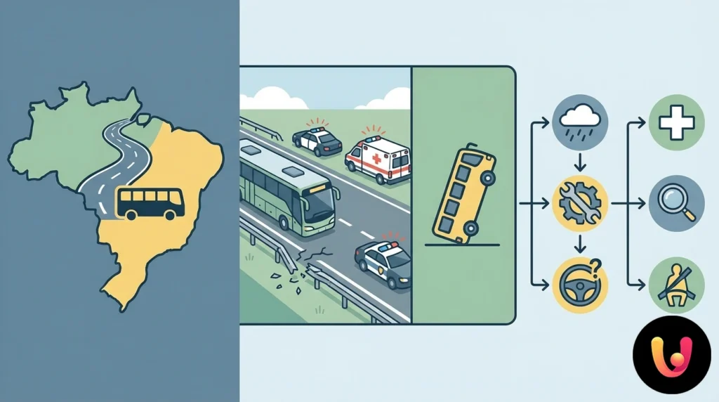 Autobus incidentato ribaltato a lato della carreggiata con squadre di soccorso al lavoro sul luogo dello schianto