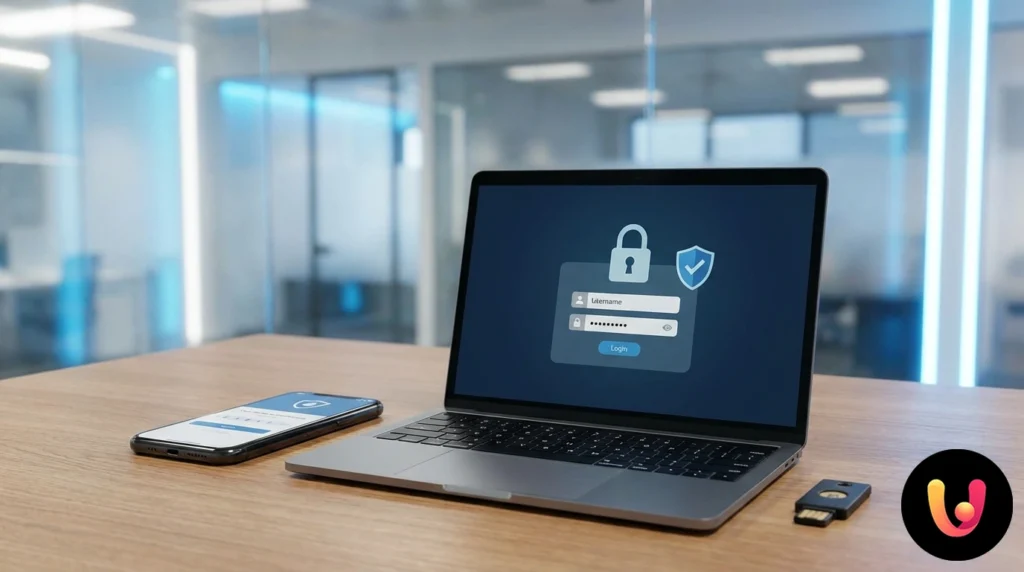 Smartphone con schermata di login facebook e icona di un lucchetto blu che simboleggia la protezione dell'account