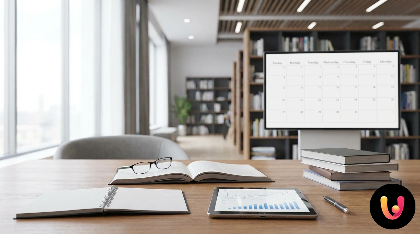 Scrivania con manuali di studio e calendario aperto per la pianificazione del concorso docenti