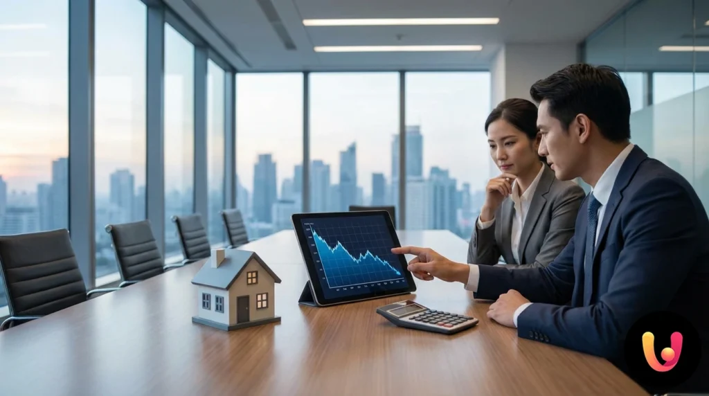 Crédits Immobiliers à Taux Fixe en Chute Libre : Est-ce le Moment de Faire Racheter son Prêt ? Graphique financier avec ligne en baisse, calculatrice et modèle de maison sur bureau