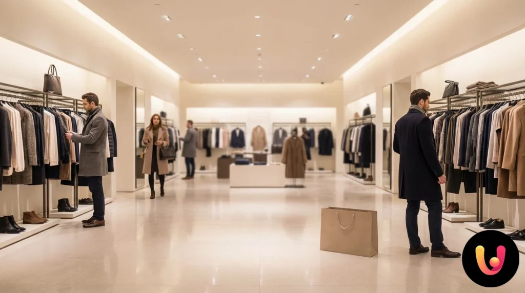 Vetrine di negozi con cartelli di sconti e corridoi semivuoti durante i saldi invernali