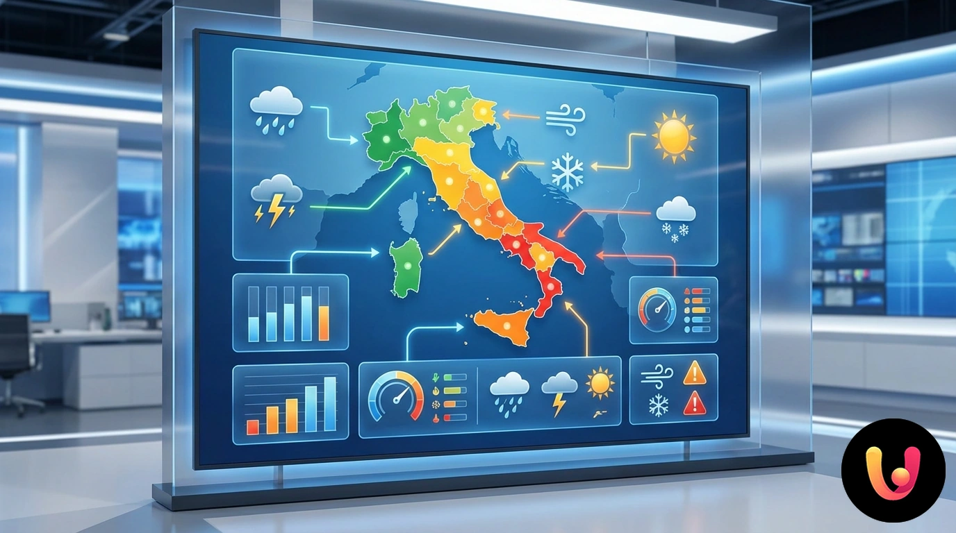 Cartina dell'italia con aree evidenziate in rosso e arancione che segnalano forti temporali e criticit&agrave; idrogeologica
