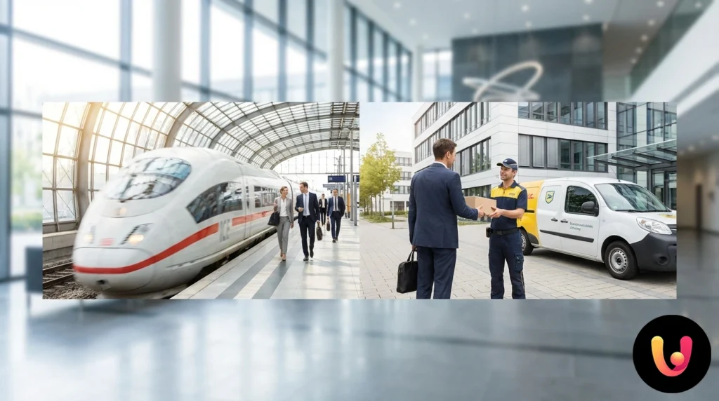 Treno delle ferrovie dello stato e ingresso di un ufficio postale di poste italiane affiancati