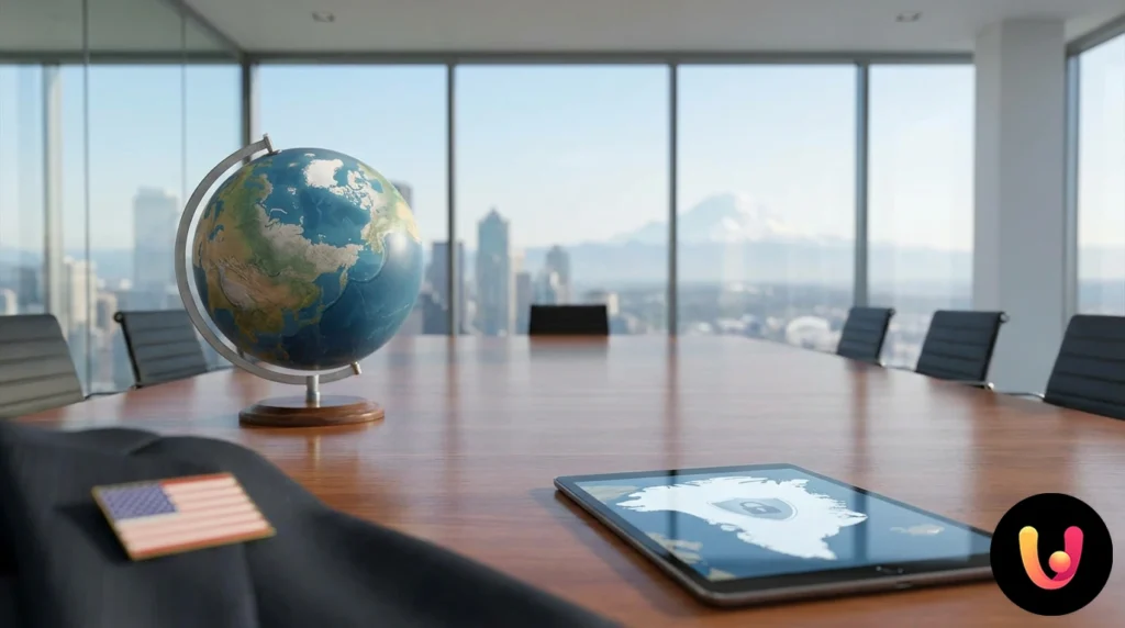 Donald trump parla al microfono durante un evento ufficiale con bandiere usa sullo sfondo