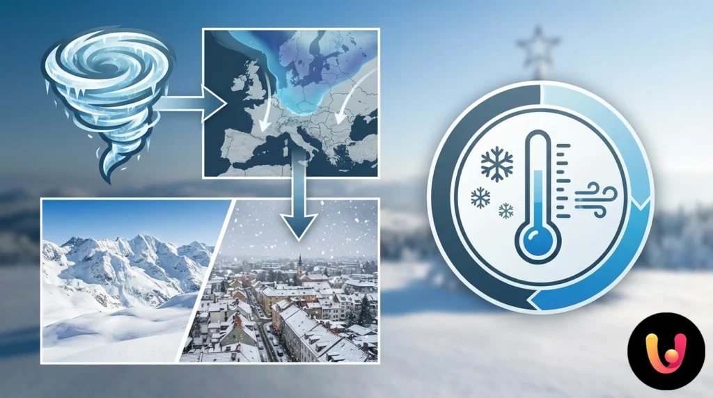 Meteo Epifania: Ciclone Polare e Neve a Bassa Quota Paesaggio collinare imbiancato da fitta nevicata sotto un cielo invernale grigio scuro