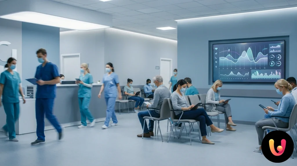 Personale sanitario in tute protettive e mascherine assiste pazienti in un corridoio ospedaliero affollato