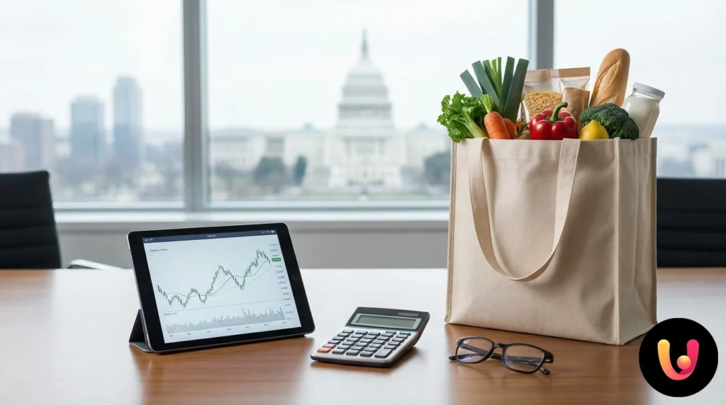 Carrello della spesa colmo di prodotti alimentari e calendario che indica una scadenza imminente