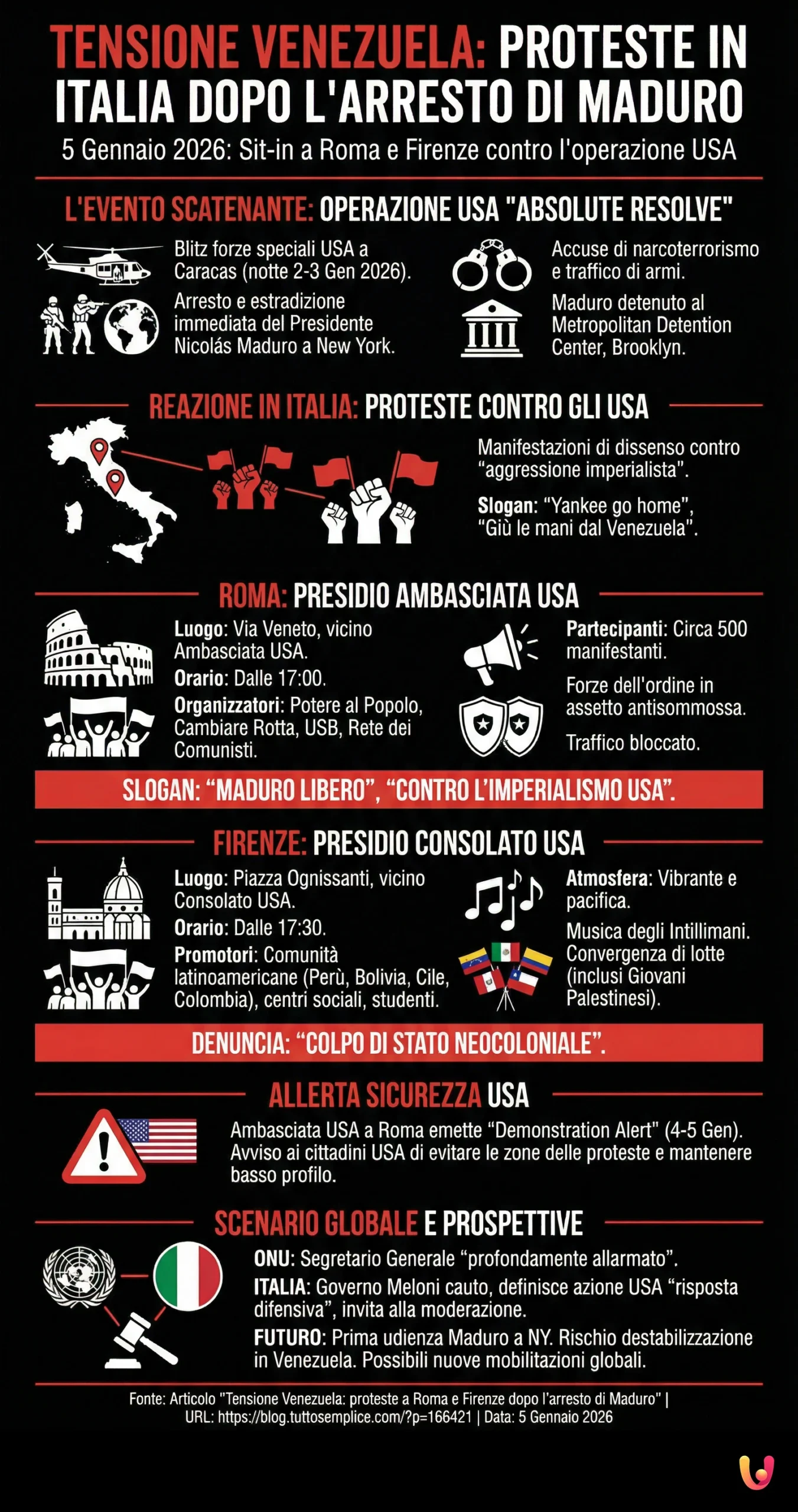 Tensione Venezuela: proteste a Roma e Firenze dopo l'arresto di Maduro - Infografica riassuntiva