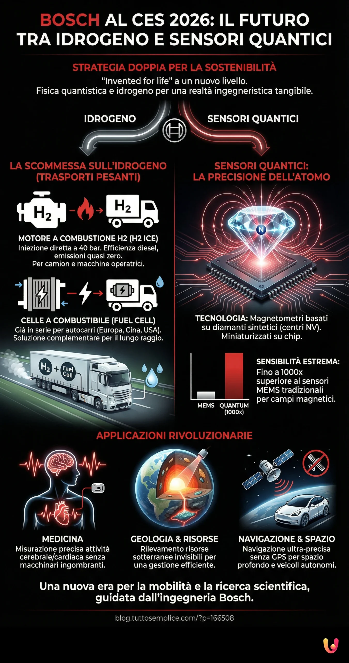 Bosch al CES 2026: Idrogeno e Sensori Quantici per il Futuro - Infografica riassuntiva