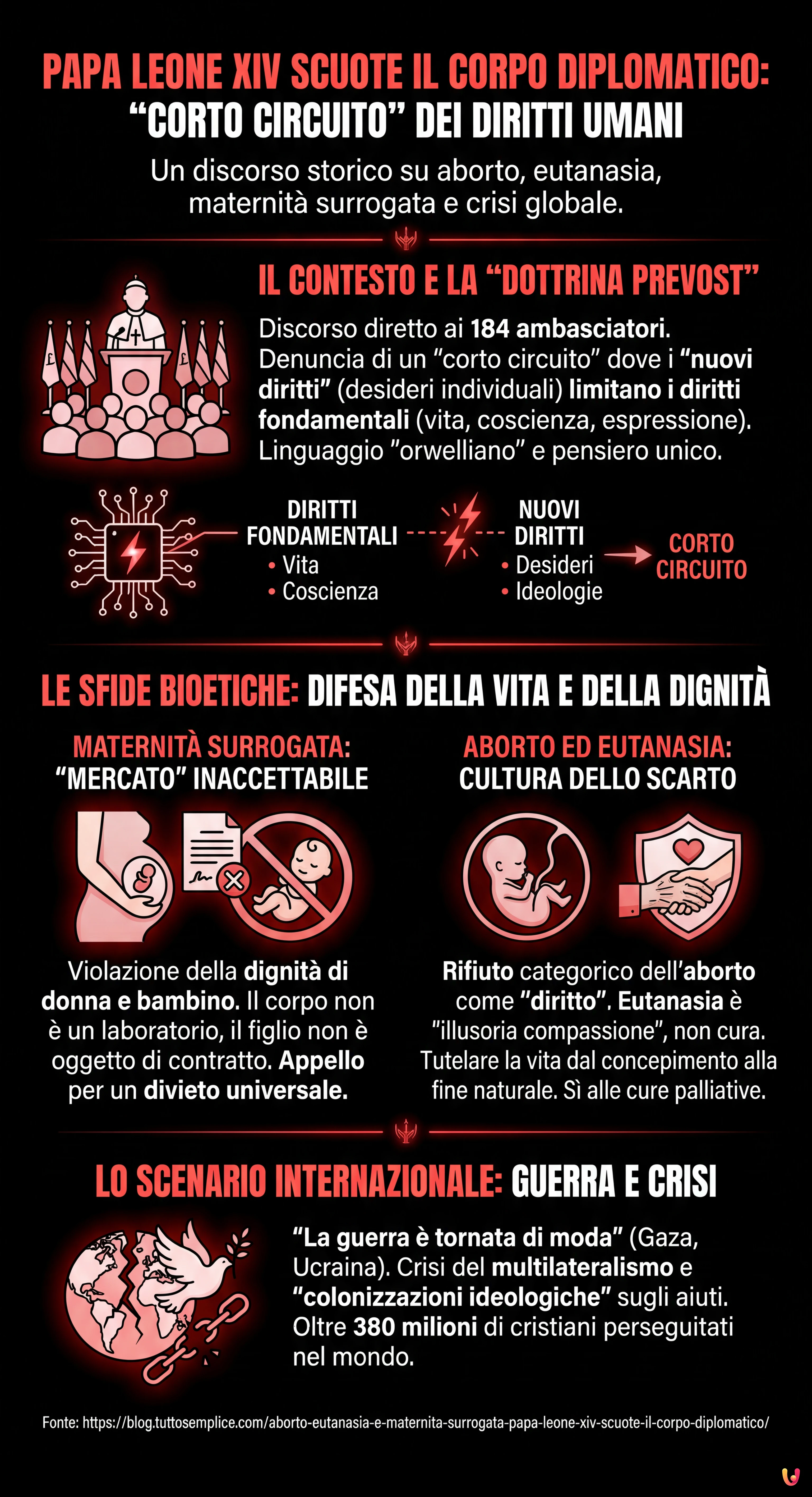 Aborto, eutanasia e maternit&agrave; surrogata: Papa Leone XIV scuote il Corpo Diplomatico - Infografica riassuntiva