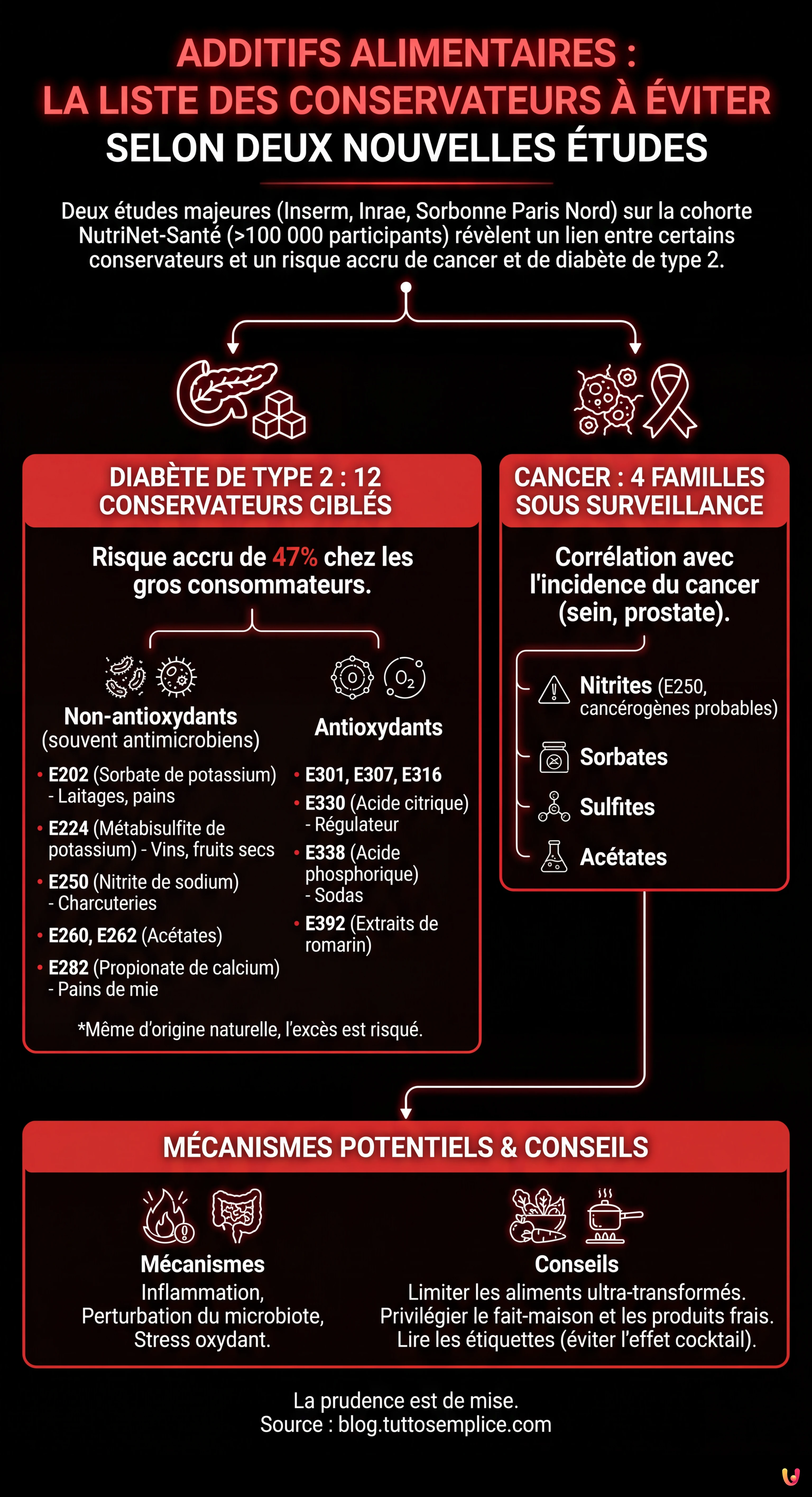 Additifs alimentaires : la liste des conservateurs &agrave; &eacute;viter selon deux nouvelles &eacute;tudes - Infografica riassuntiva