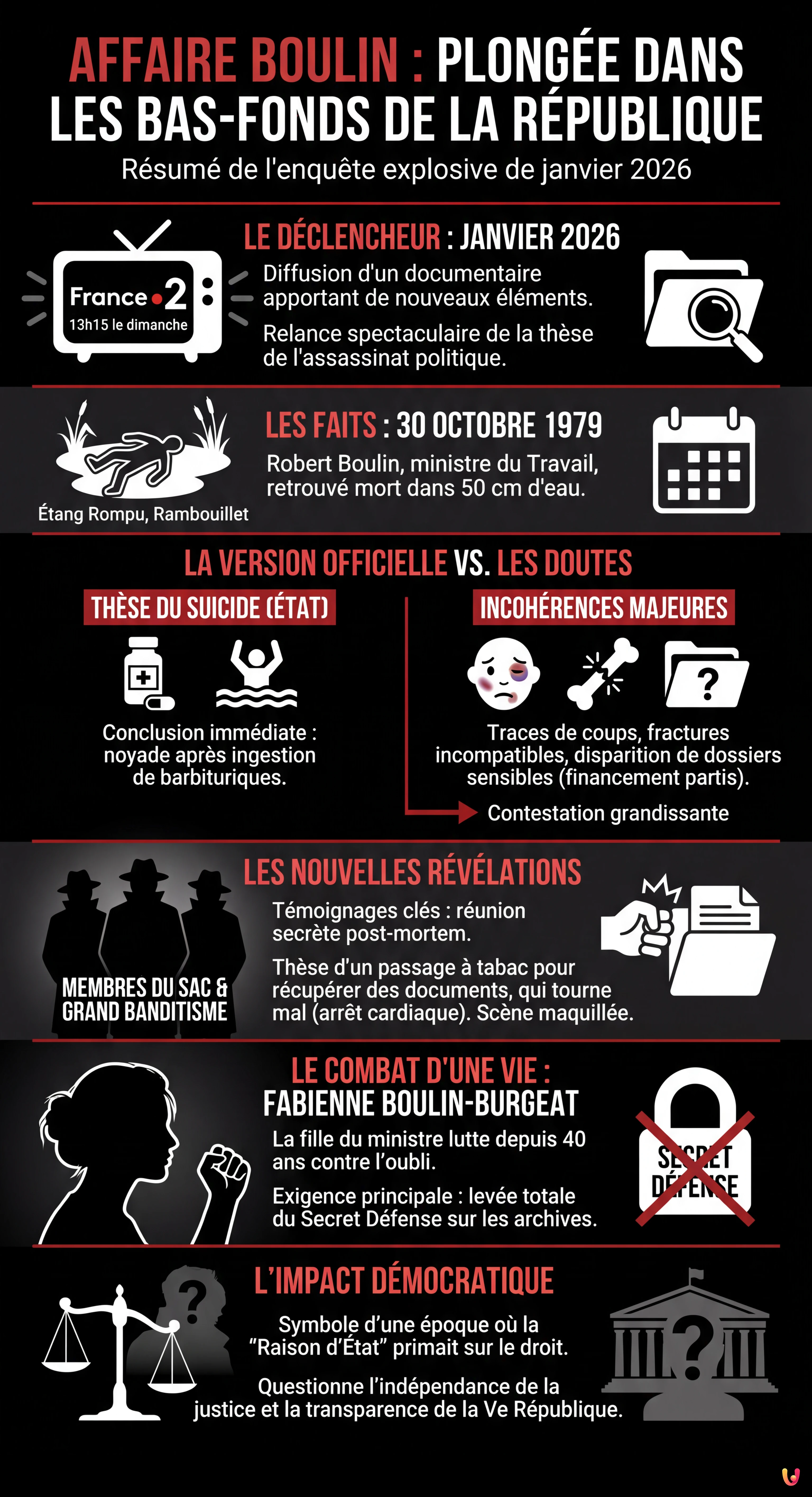 Affaire Boulin : plong&eacute;e dans les bas-fonds de la R&eacute;publique - Infographie r&eacute;sumant