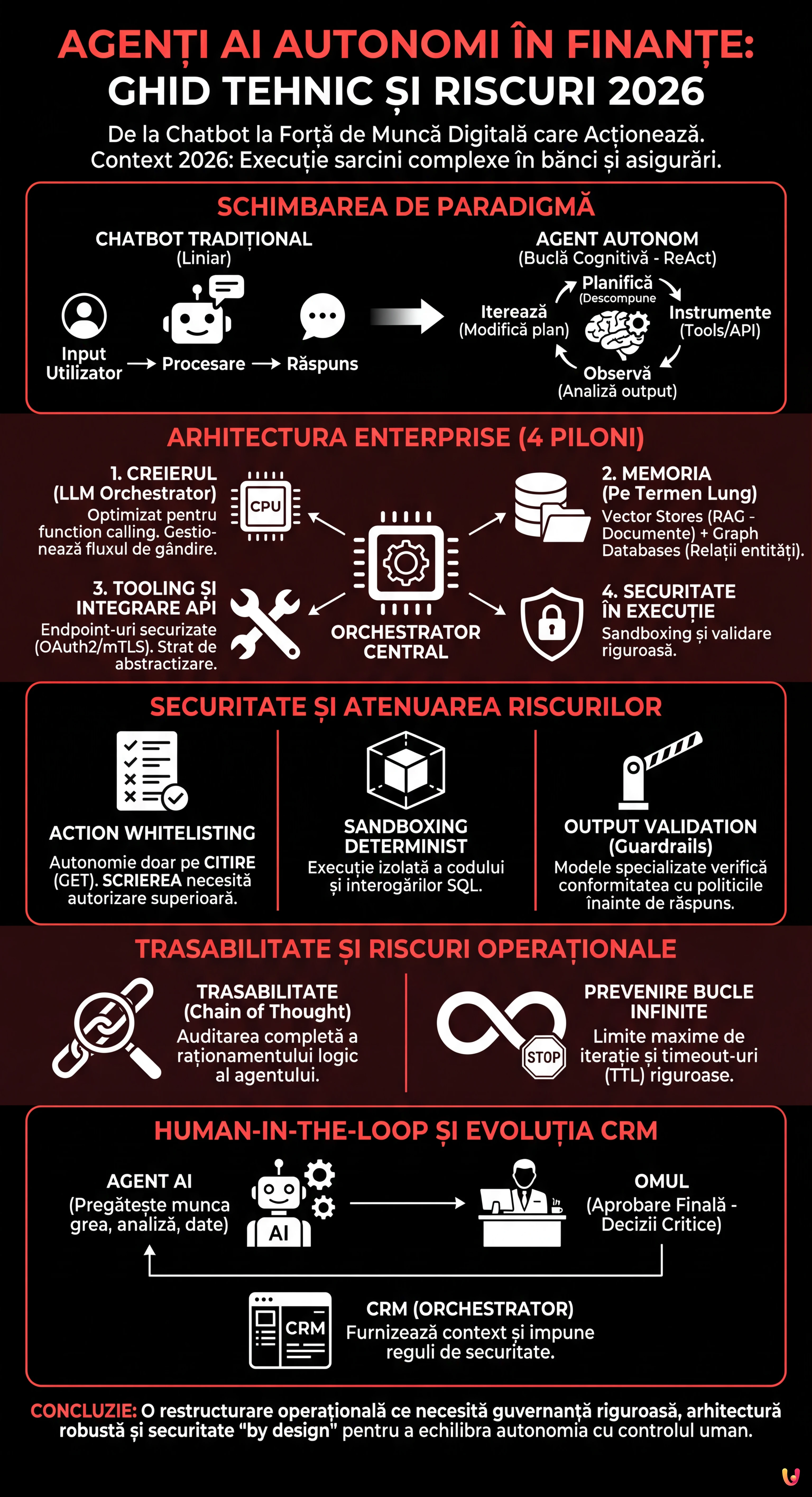 Agenți AI Autonomi &icirc;n Finanțe: Ghid Tehnic și Riscuri 2026 - Infografic rezumativ