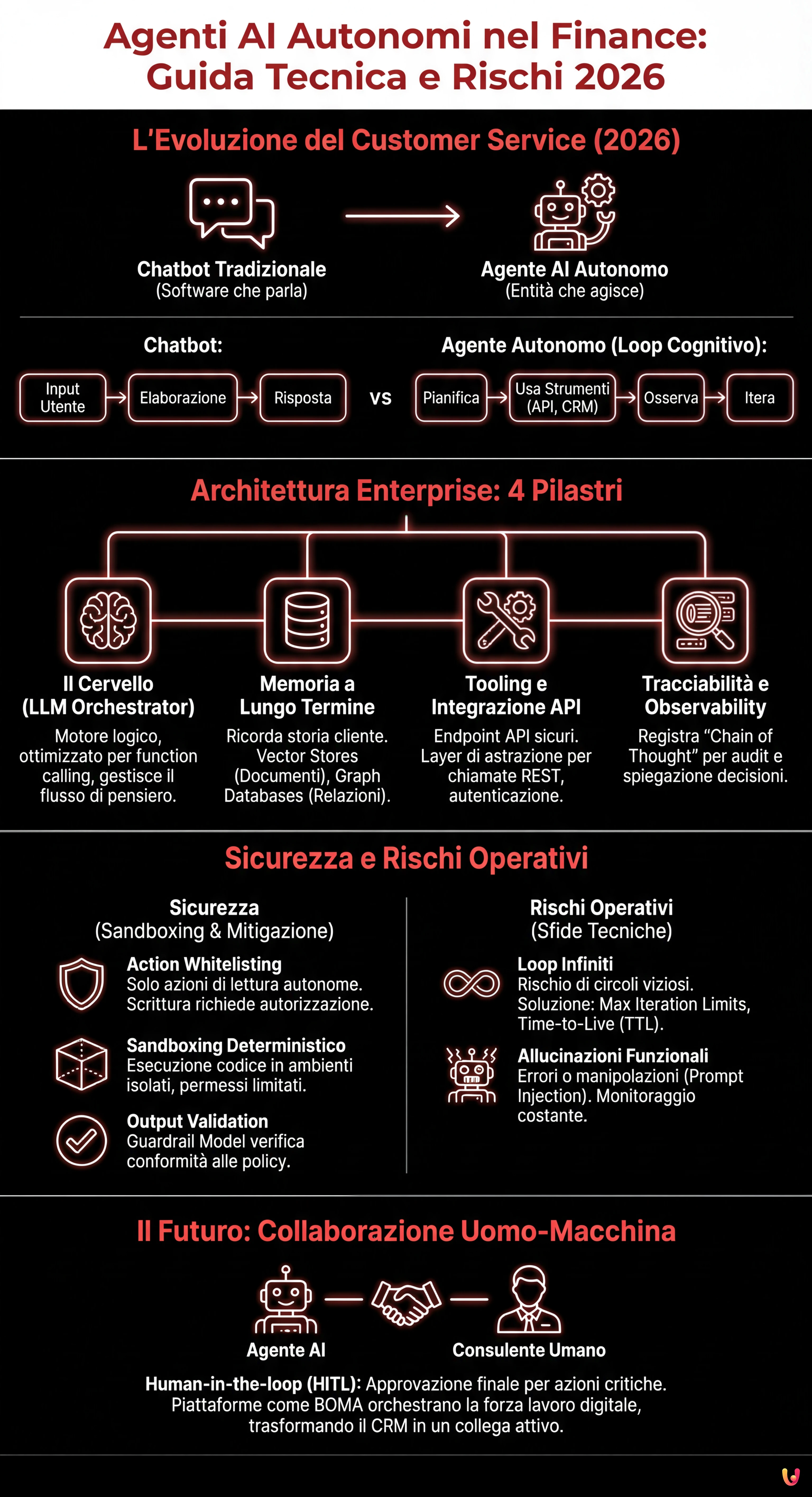 Agenti AI Autonomi nel Finance: Guida Tecnica e Rischi 2026 - Infografica riassuntiva