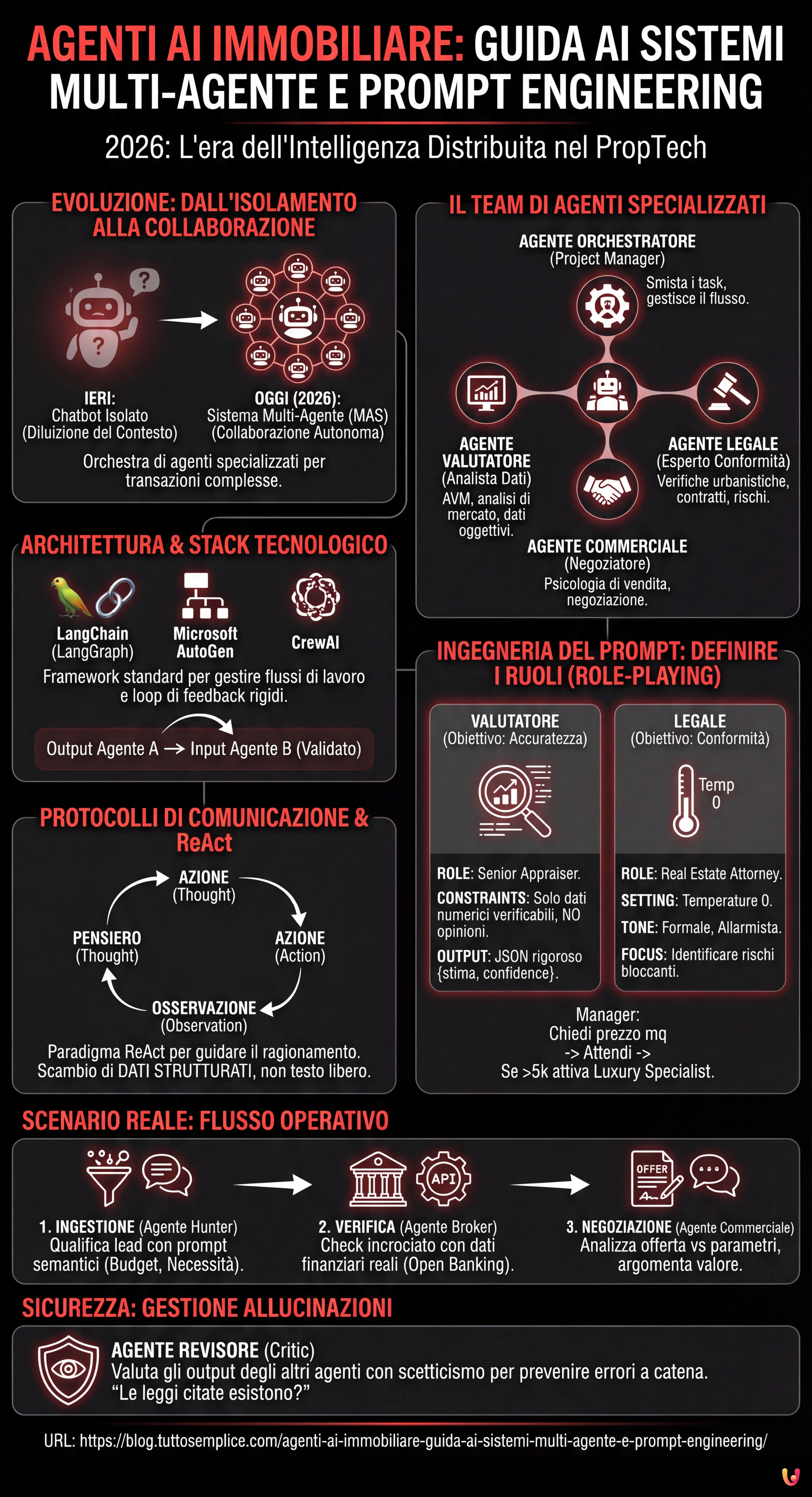 Agenti AI Immobiliare: Guida ai Sistemi Multi-Agente e Prompt Engineering - Infografica riassuntiva