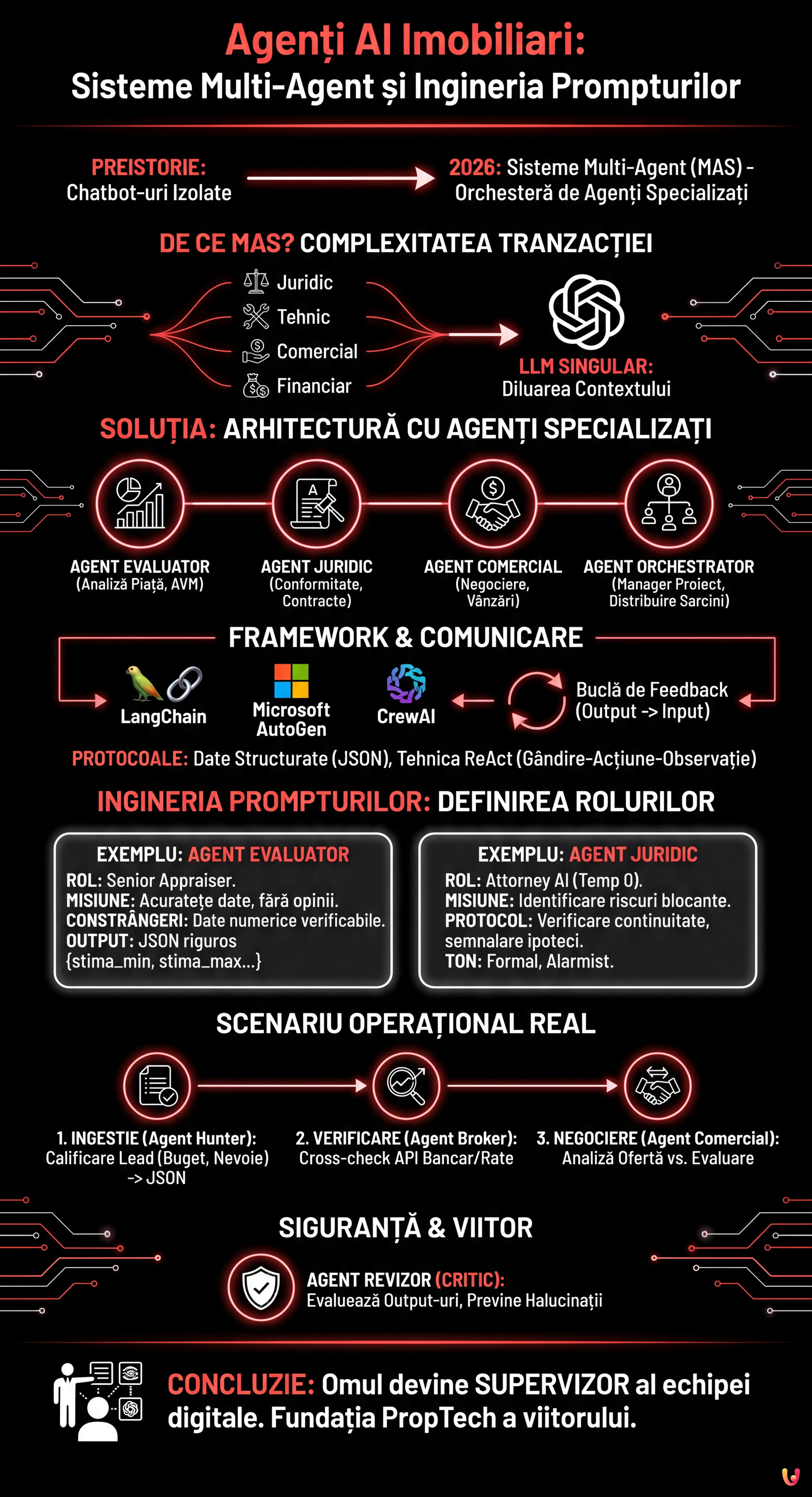 Agenți AI Imobiliari: Ghid pentru Sisteme Multi-Agent și Ingineria Prompturilor - Infografic rezumativ