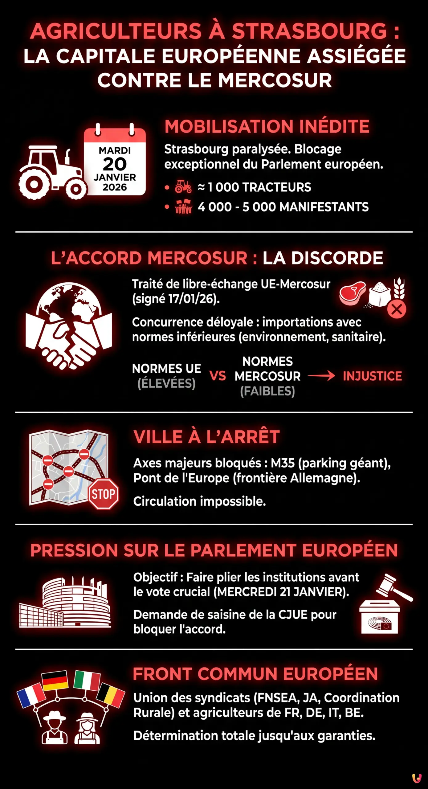 Agriculteurs &agrave; Strasbourg : la capitale europ&eacute;enne assi&eacute;g&eacute;e contre le Mercosur - Infographie r&eacute;sumant