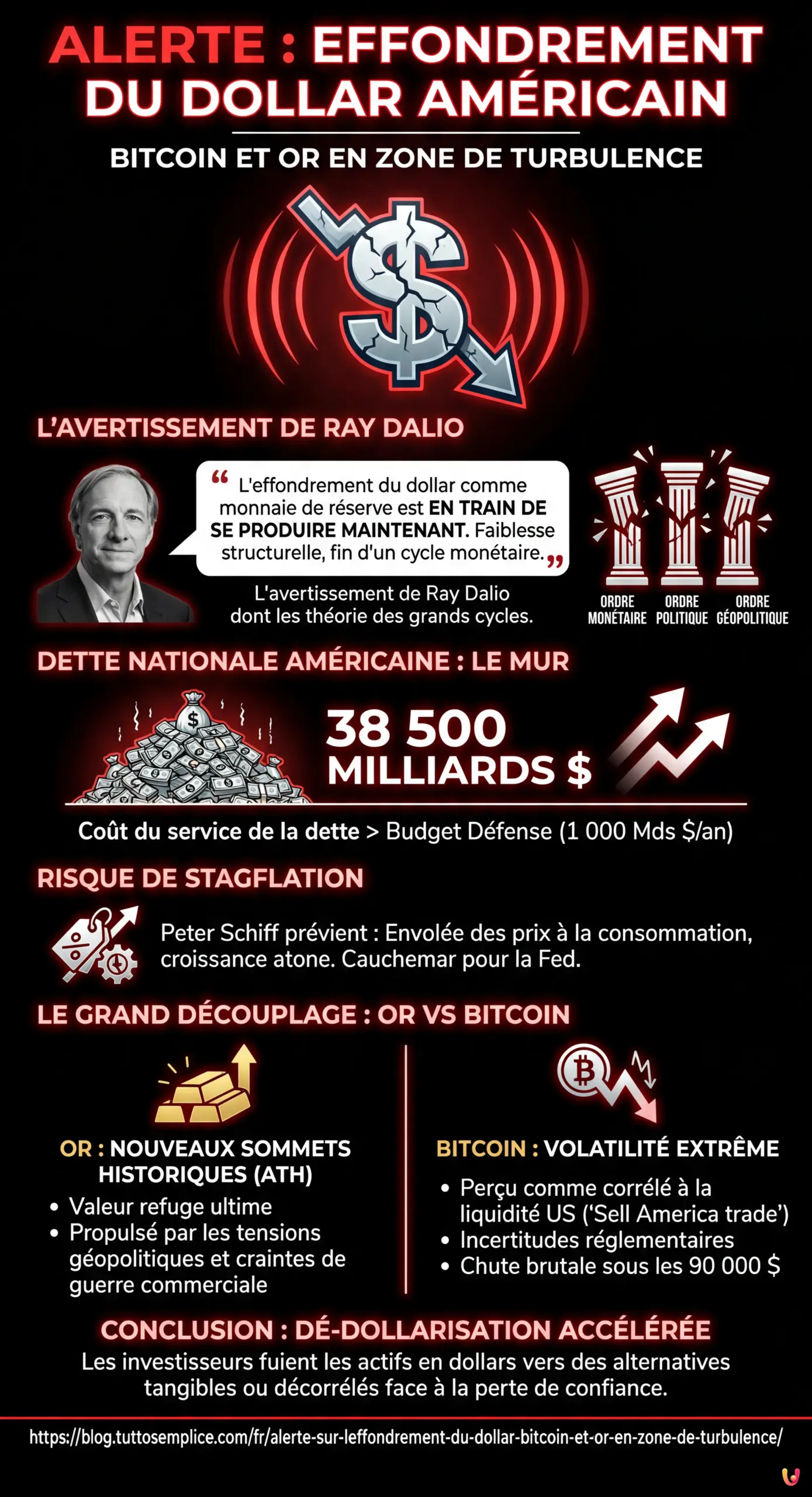 Alerte sur l'effondrement du dollar : Bitcoin et Or en zone de turbulence - Infographie r&eacute;sumant