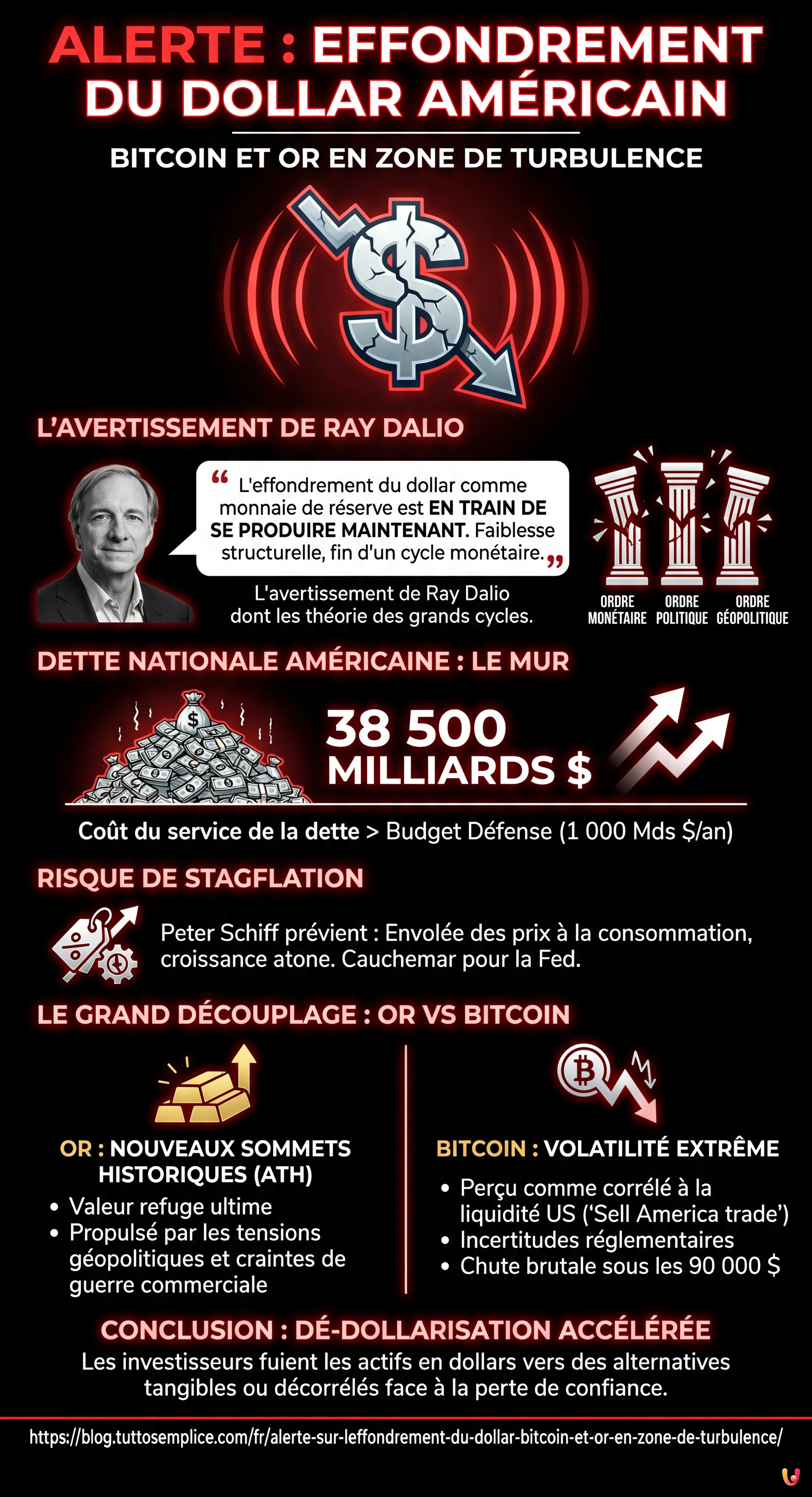 Alerte sur l'effondrement du dollar : Bitcoin et Or en zone de turbulence - Infographie résumant
