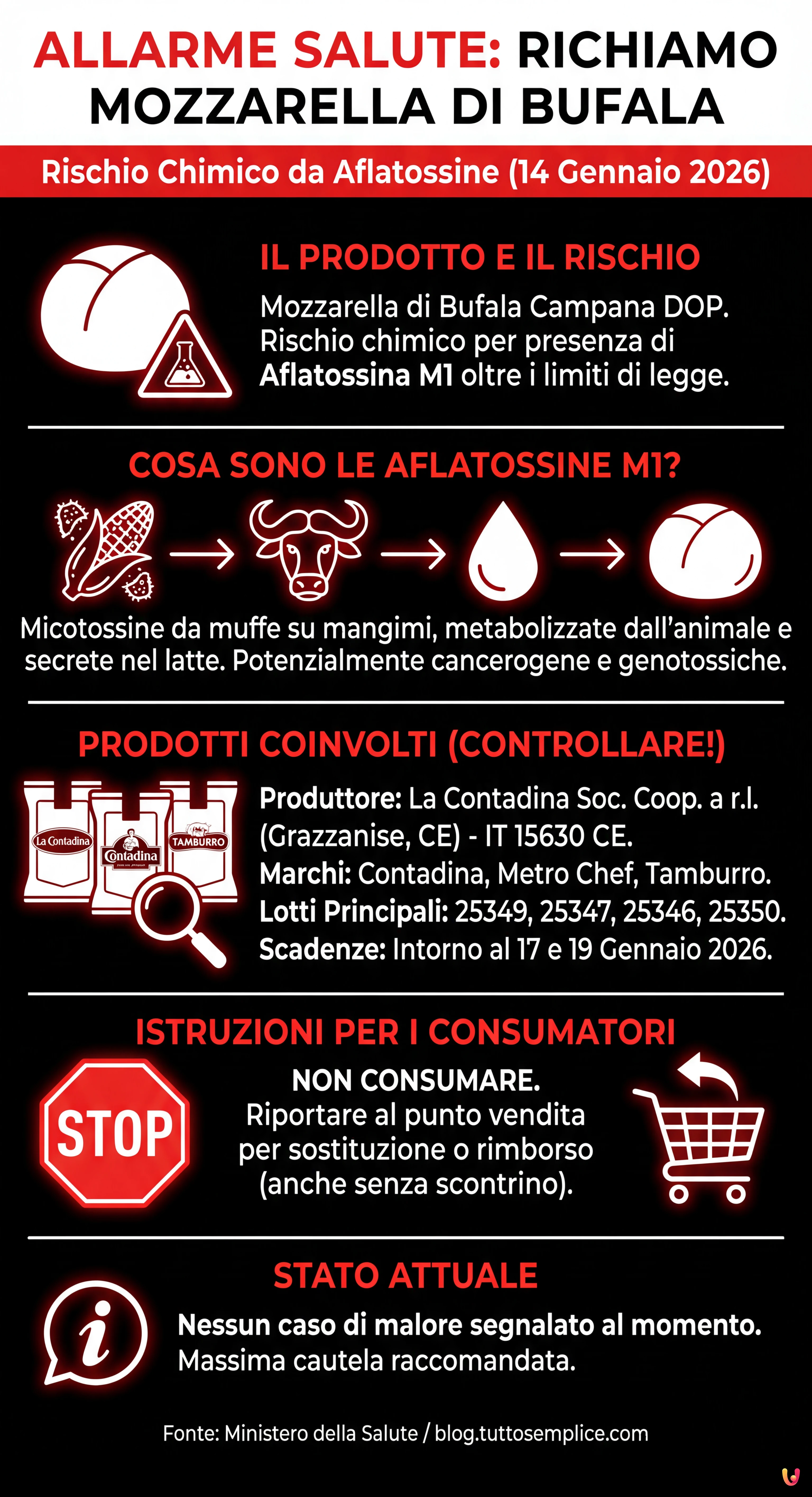 Allarme salute: richiamata mozzarella di bufala per rischio chimico da aflatossine - Infografica riassuntiva