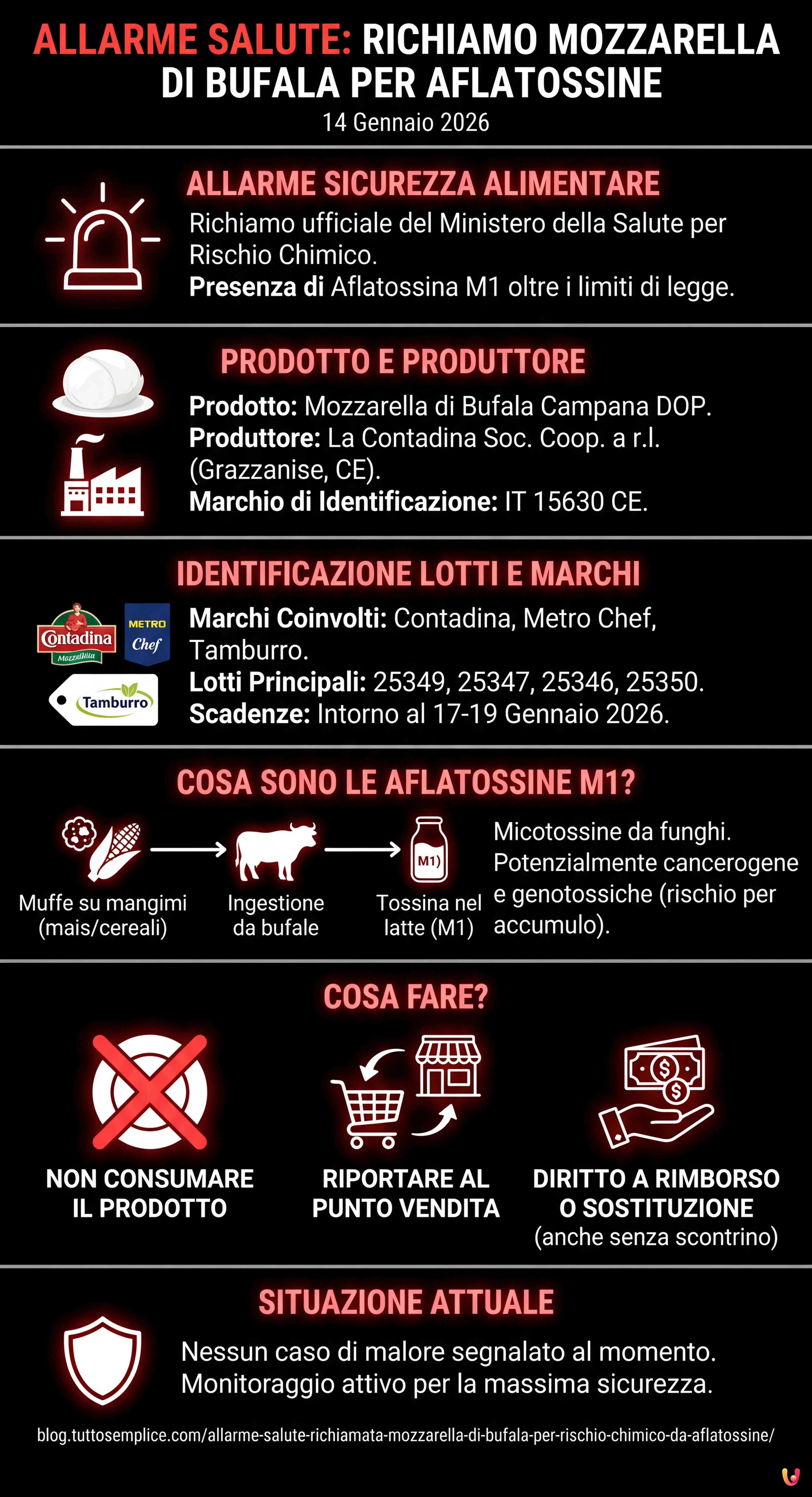 Allarme salute: richiamata mozzarella di bufala per rischio chimico da aflatossine - Infografica riassuntiva