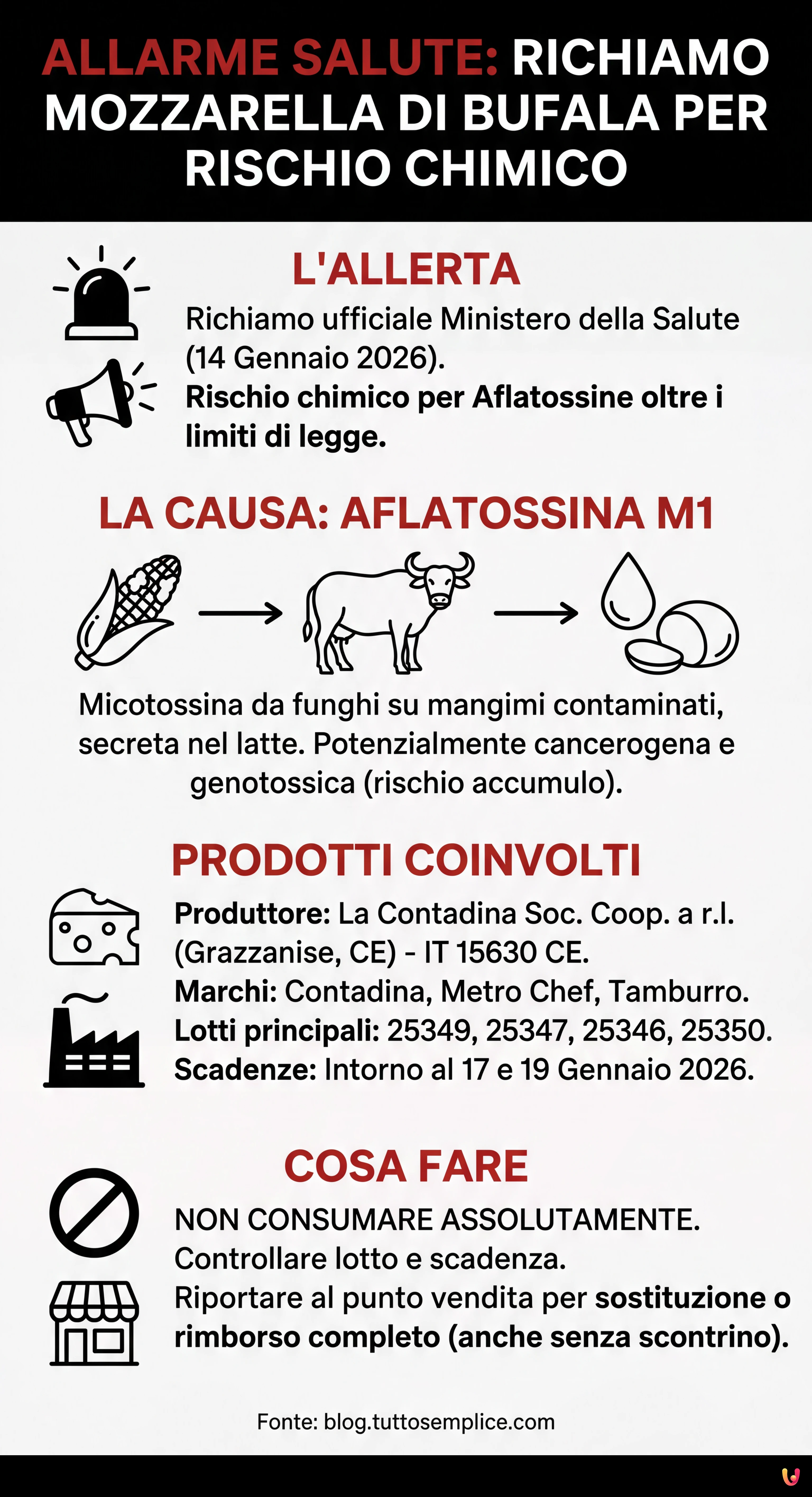 Allarme salute: richiamata mozzarella di bufala per rischio chimico da aflatossine - Infografica riassuntiva