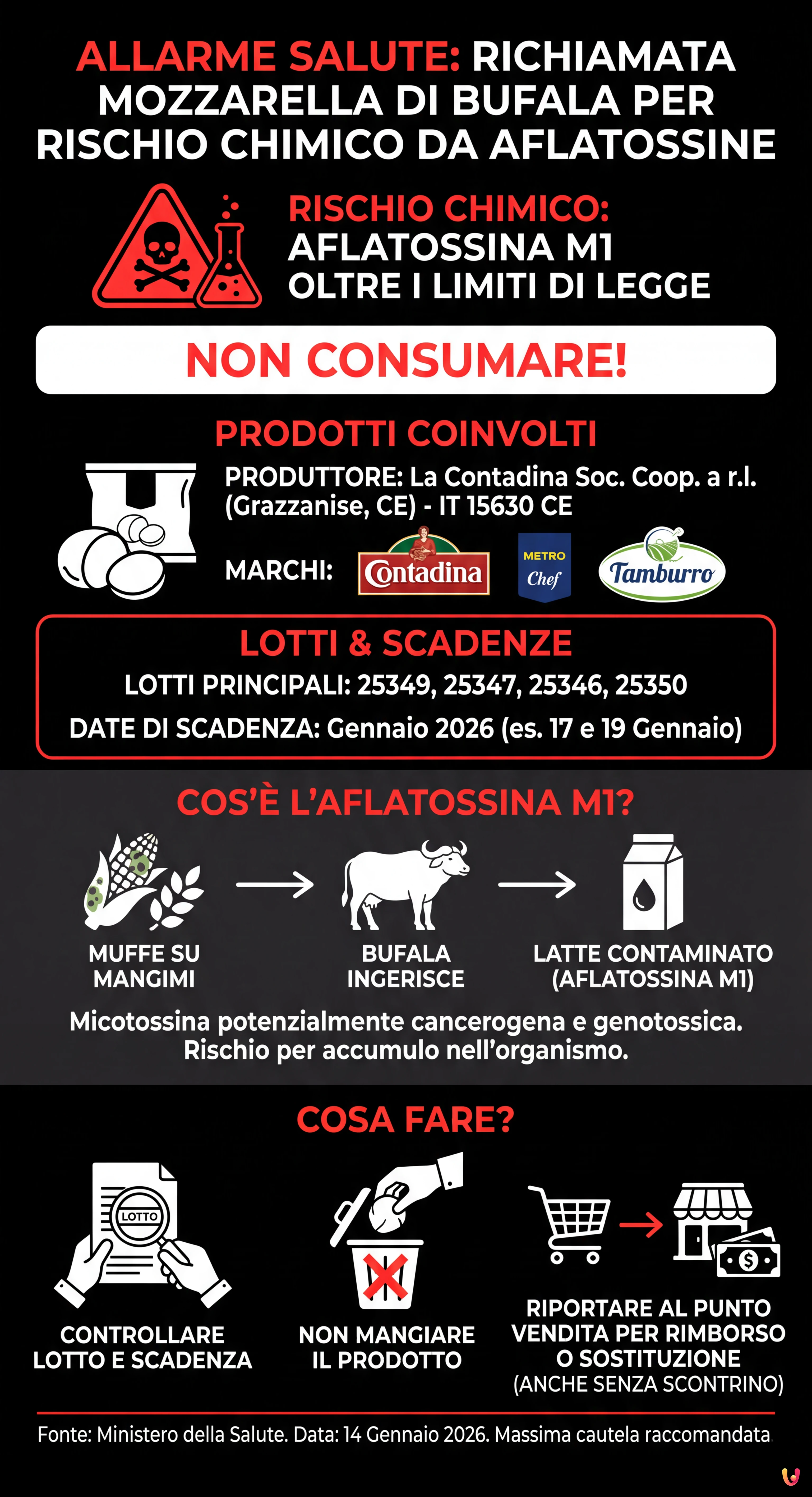 Allarme salute: richiamata mozzarella di bufala per rischio chimico da aflatossine - Infografica riassuntiva