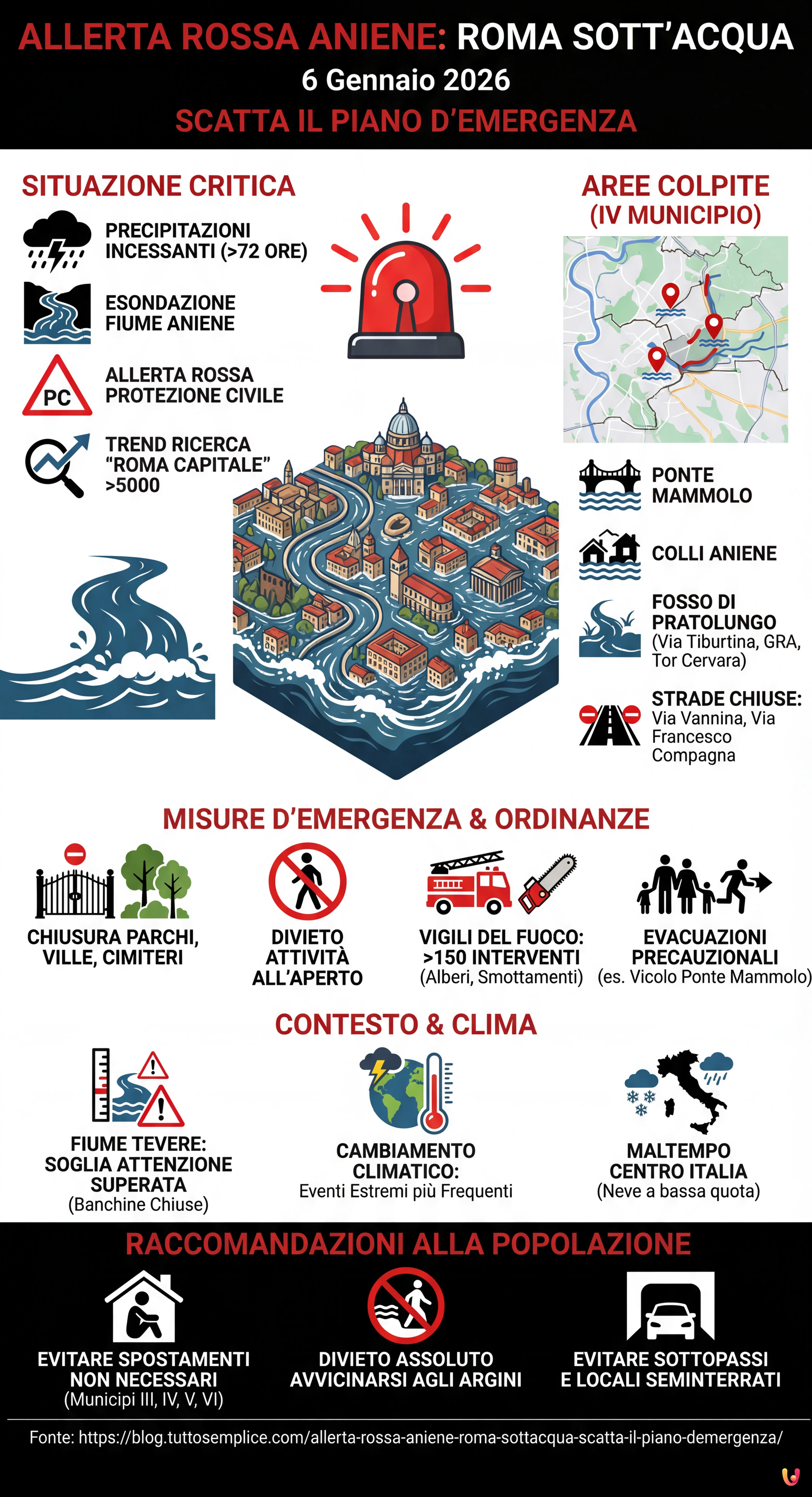 Allerta Rossa Aniene: Roma Sott'Acqua, Scatta il Piano d'Emergenza - Infografica riassuntiva