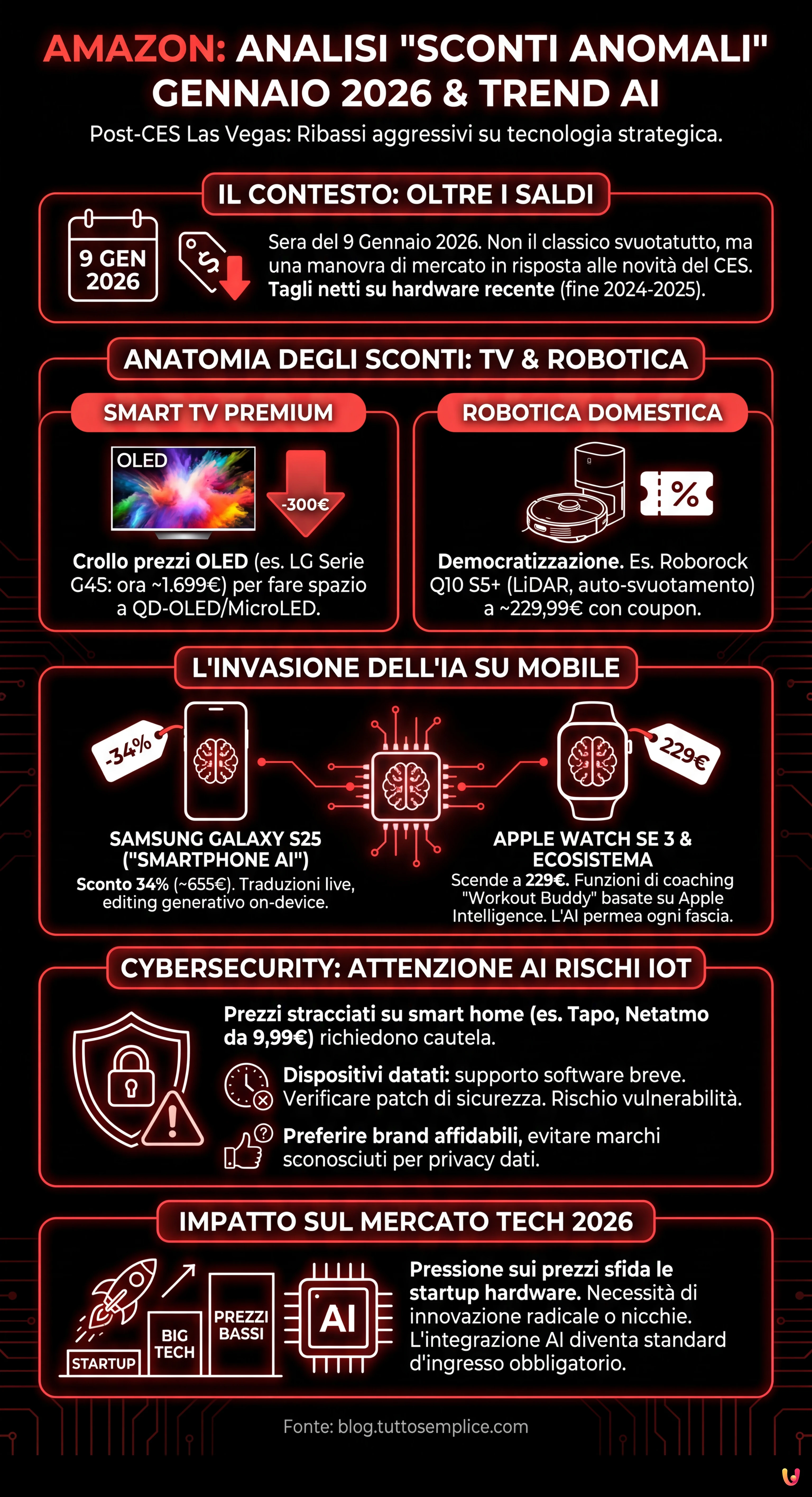 Amazon: Analisi degli "Sconti Anomali" di Gennaio 2026 e il Trend AI - Infografica riassuntiva